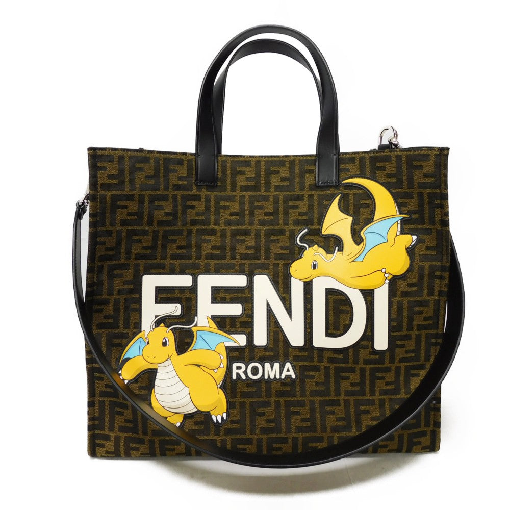 FENDI Tote Bag 8BH357 AR1X F1NPJ canvas khaki logo 2WAY Fragment Pokemon Dragonite Sunshine Tote mens Used