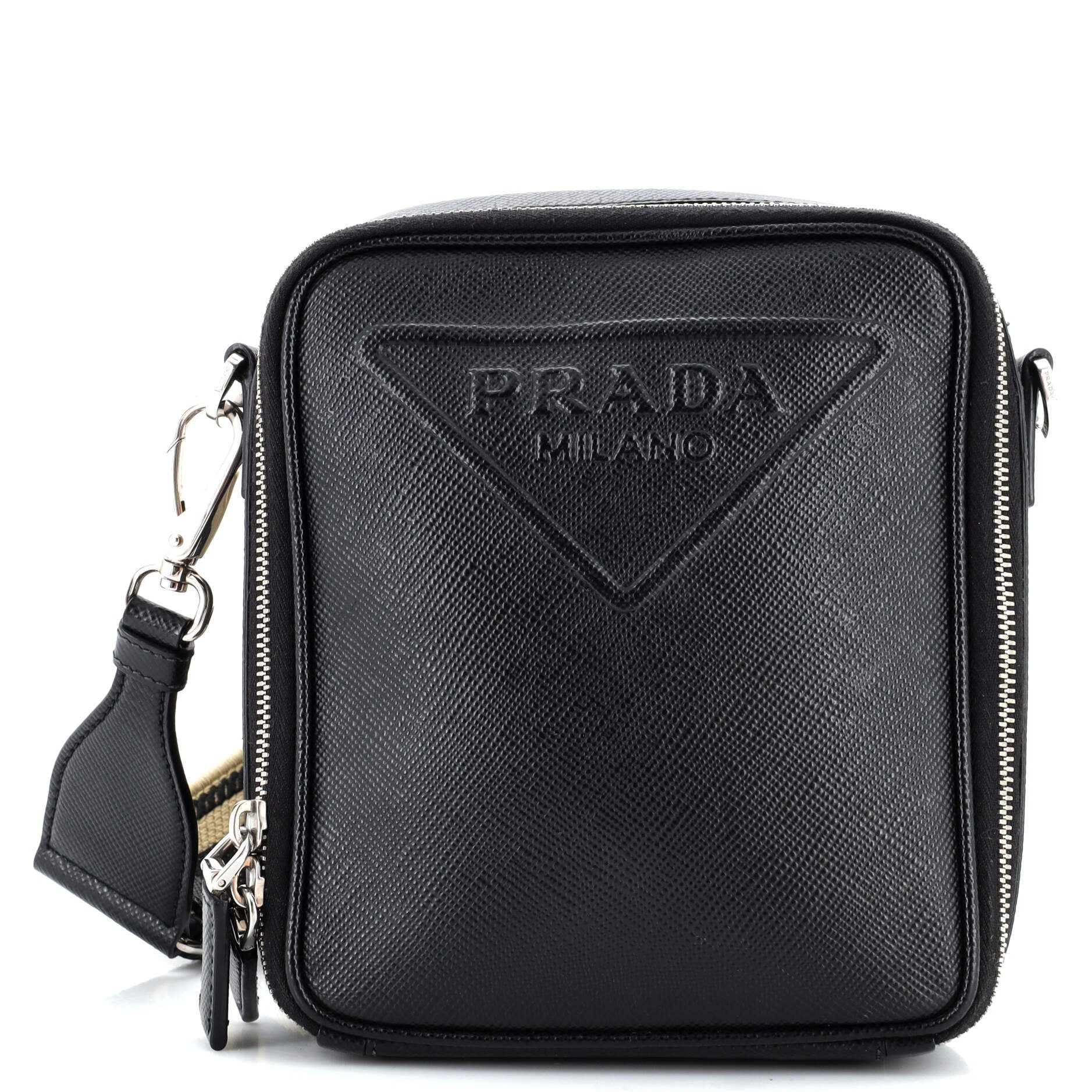 PRADA Vertical Zip Around Logo Shoulder Bag Saffiano Leather