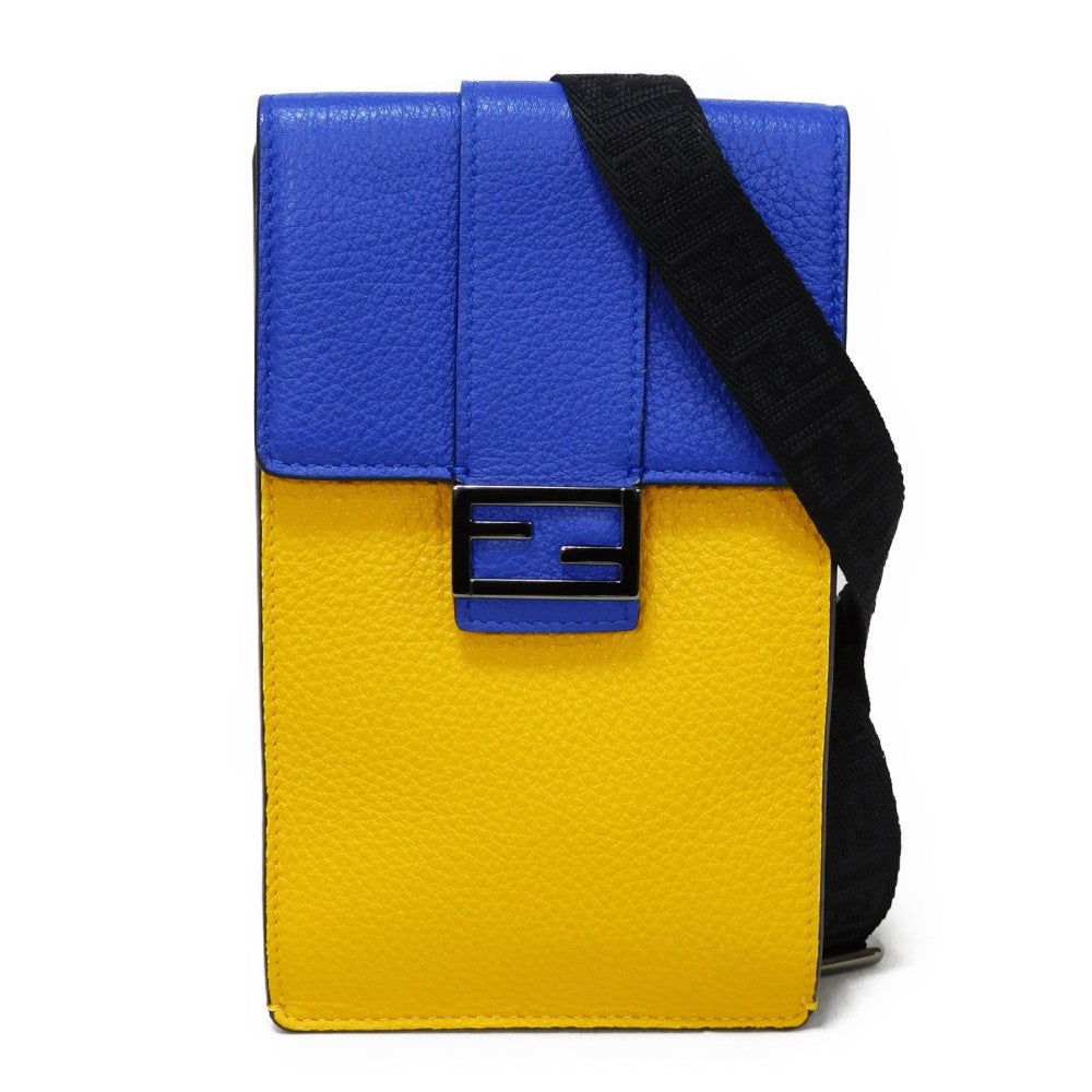 FENDI Shoulder Bag 7AS120 E1C F1H8N Calf leather (embossed) Blue x Yellow x Red Tricolor Pochette Unused FF logo F is forever phone holder unisex(Unisex) Used