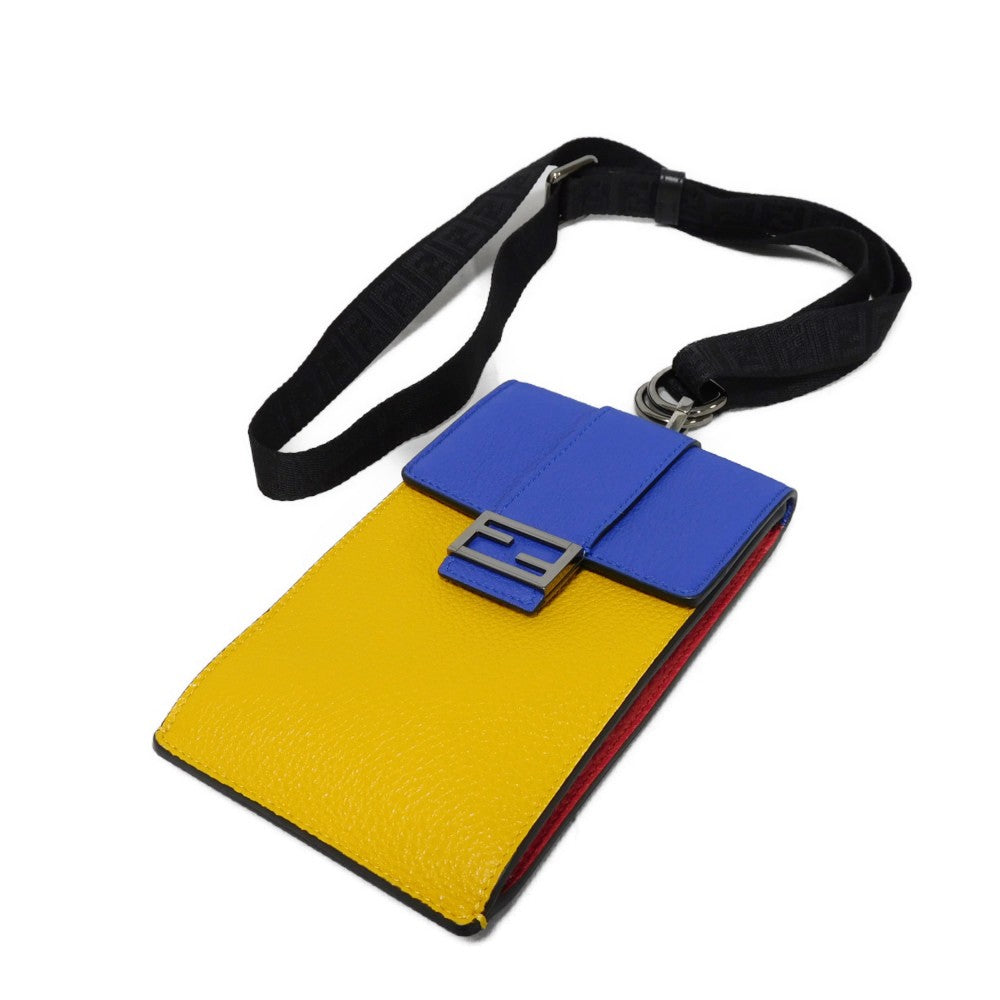 FENDI Shoulder Bag 7AS120 E1C F1H8N Calf leather (embossed) Blue x Yellow x Red Tricolor Pochette Unused FF logo F is forever phone holder unisex(Unisex) Used