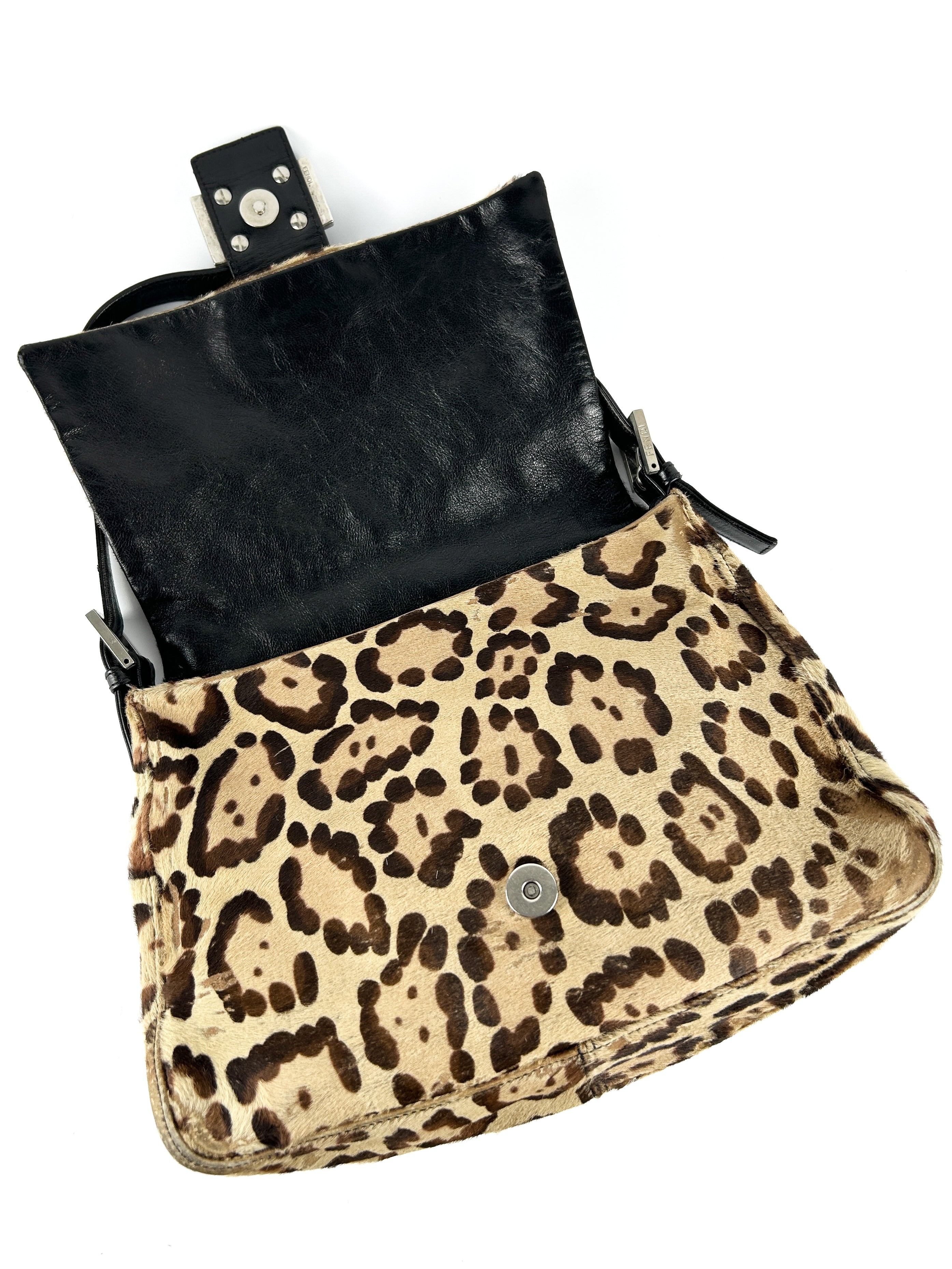 Vintage Fendi Leopard Print Calf Hair Mamma Baguette Shoulder Bag