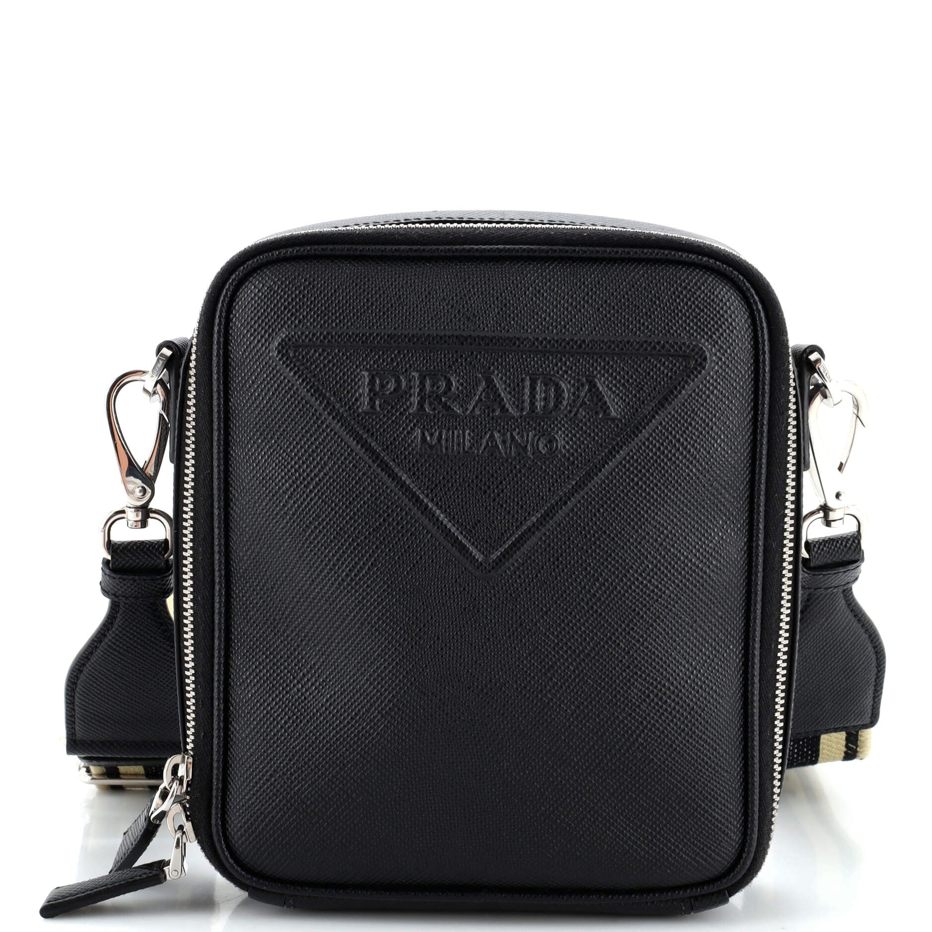 PRADA Vertical Zip Around Logo Shoulder Bag Saffiano with Jacquard