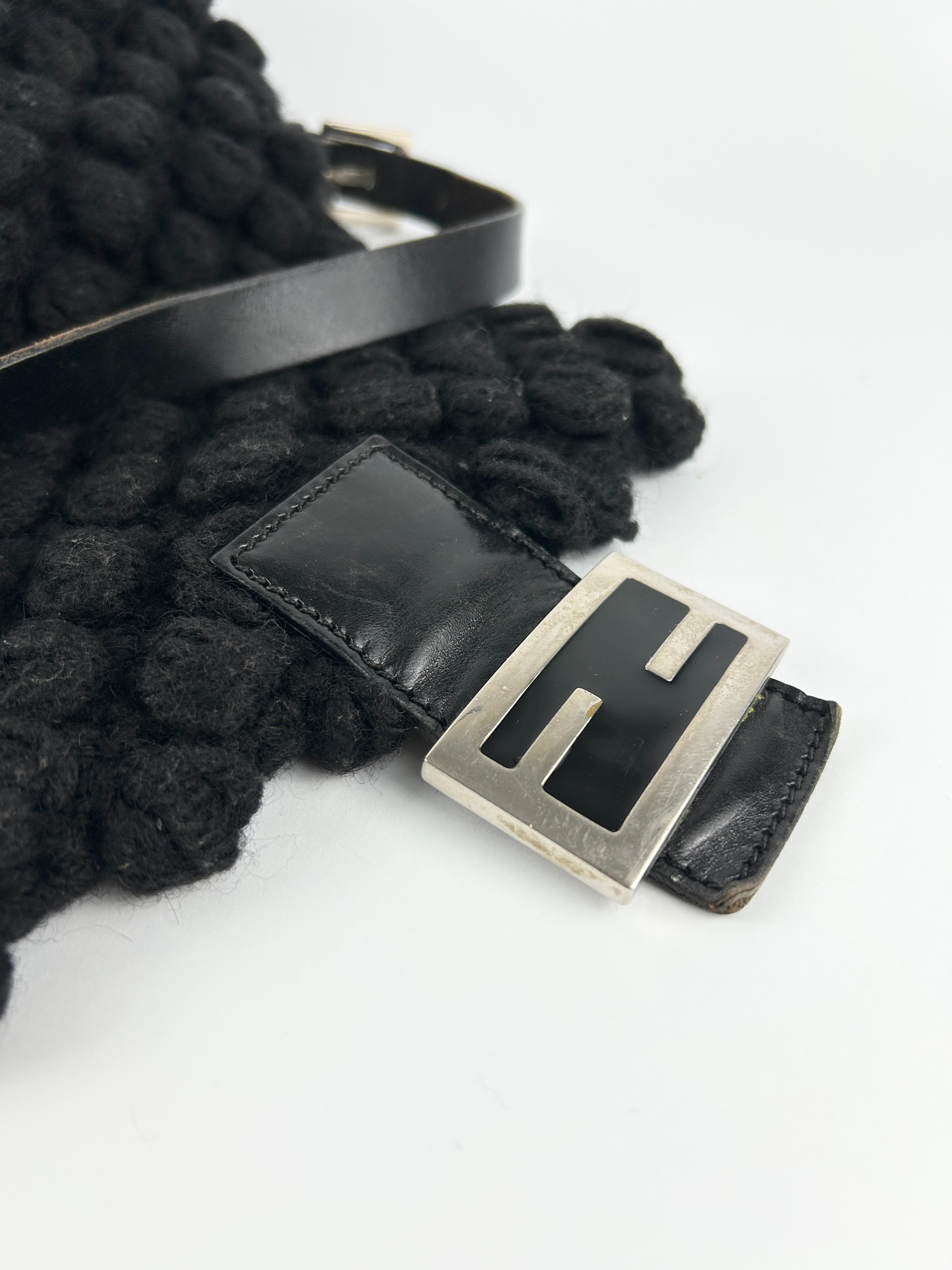 Vintage Fendi Black Crochet Bobble Knit Mamma Baguette Shoulder Bag