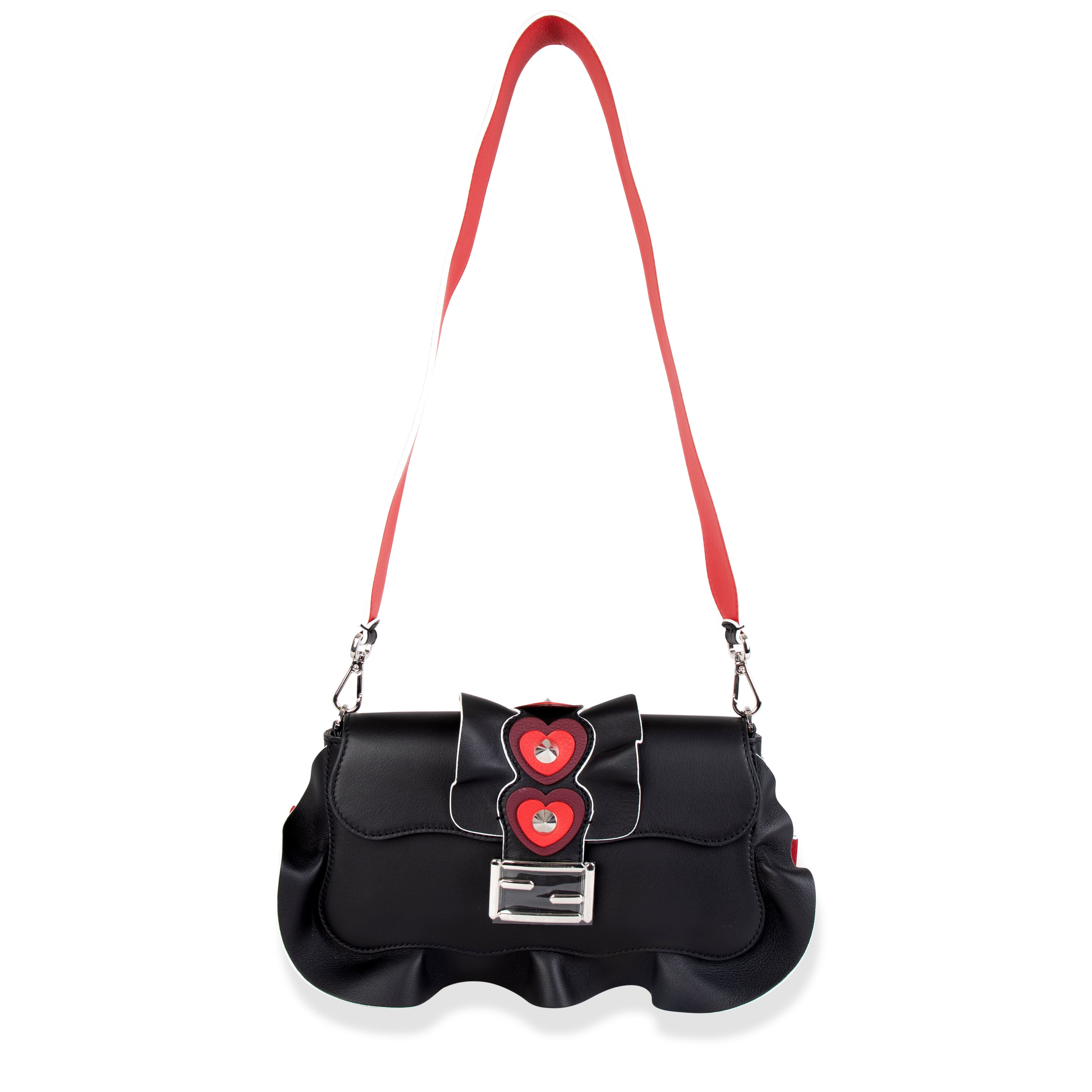 Fendi Black Leather Heart-Stud Wave Baguette Shoulder Bag