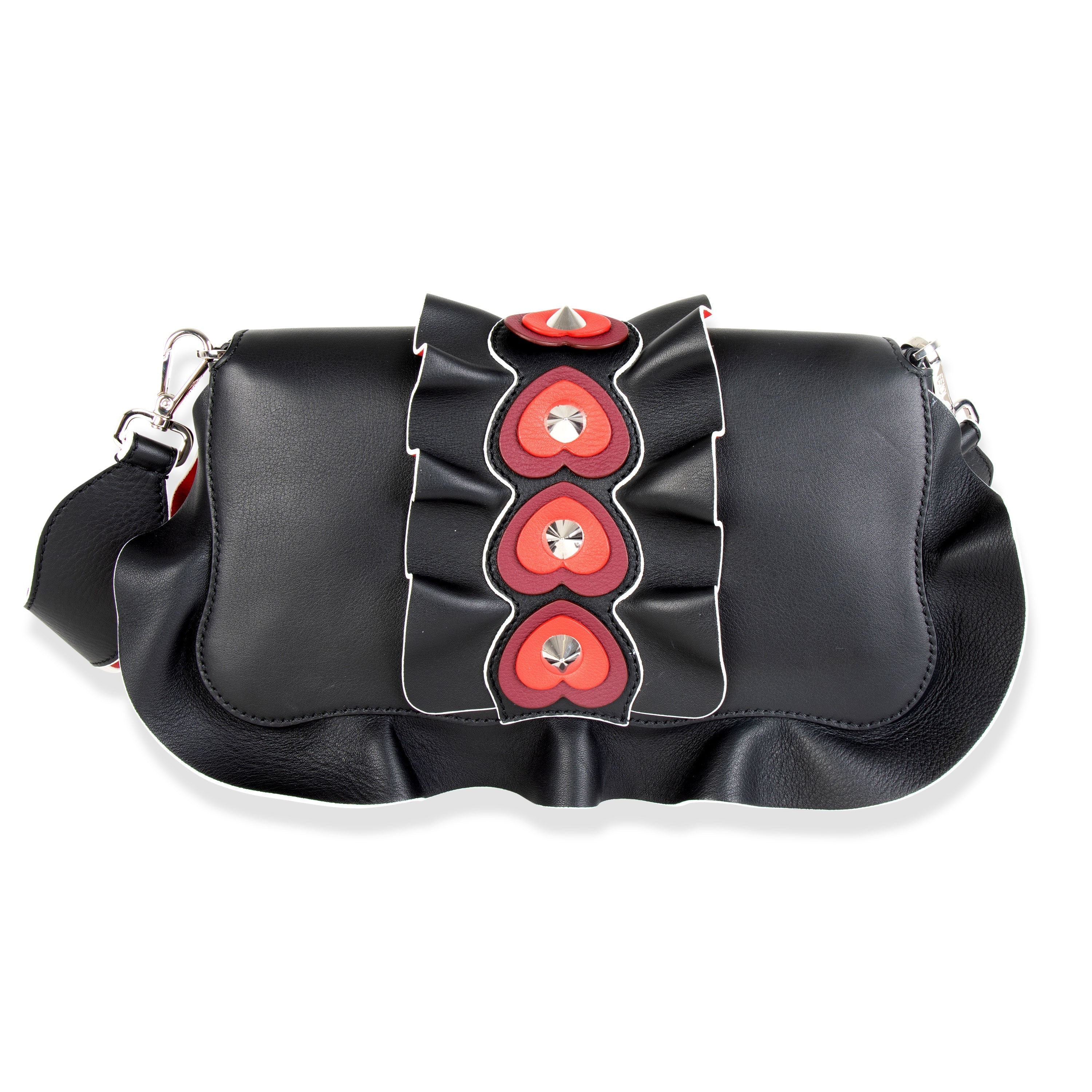 Fendi Black Leather Heart-Stud Wave Baguette Shoulder Bag