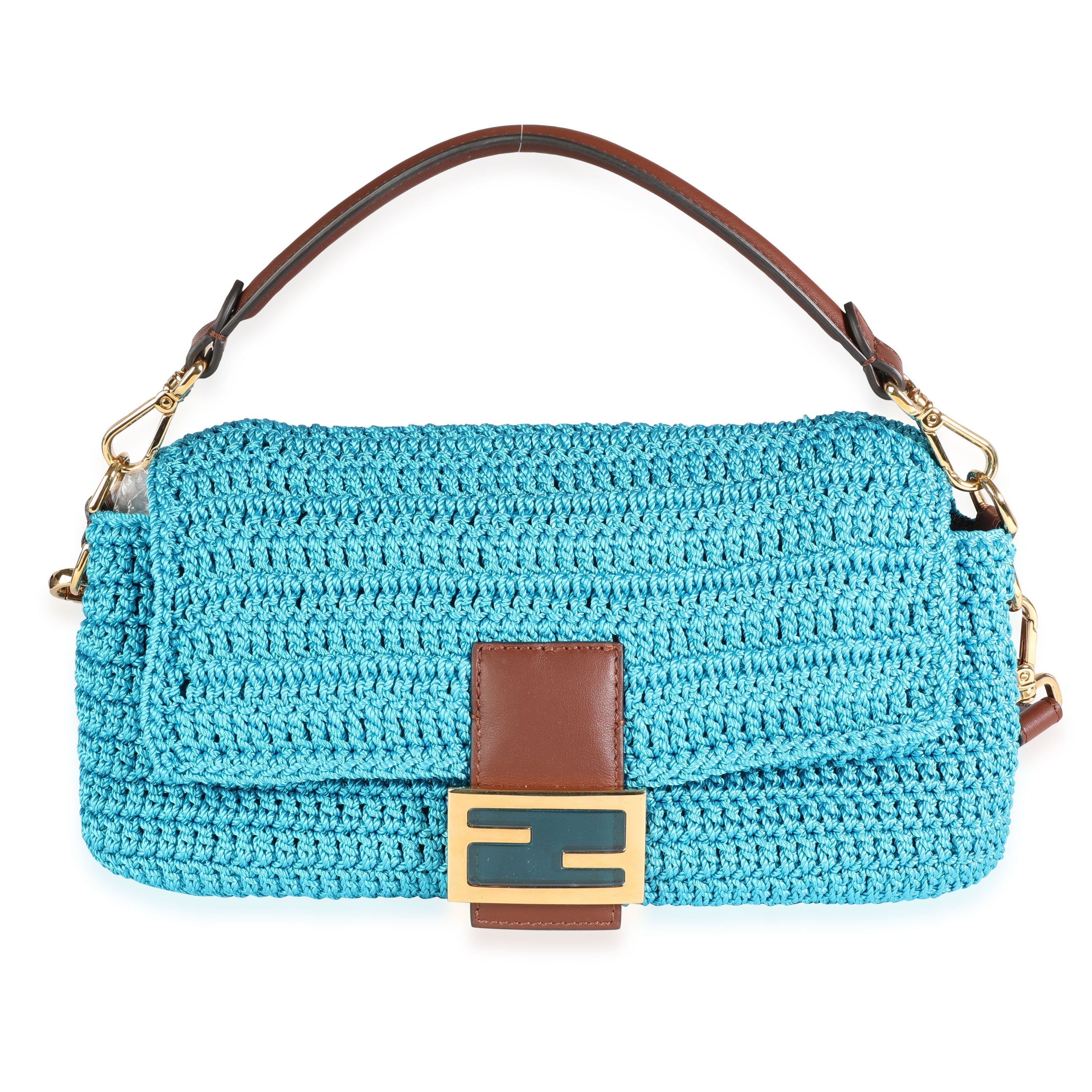Fendi Blue Crochet & Brown Leather Baguette