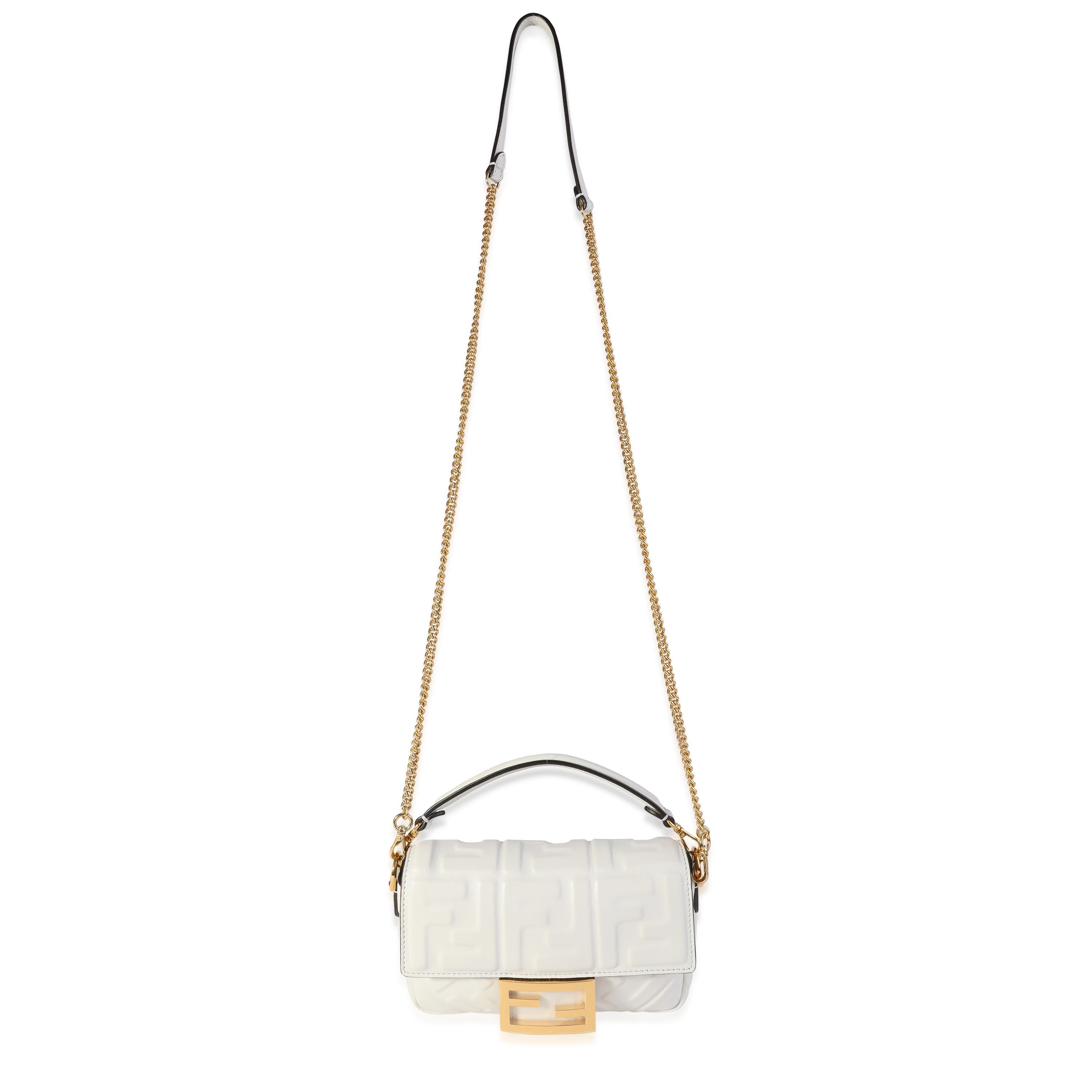 Fendi Bianco Embossed Zucca Lambskin Mini Baguette