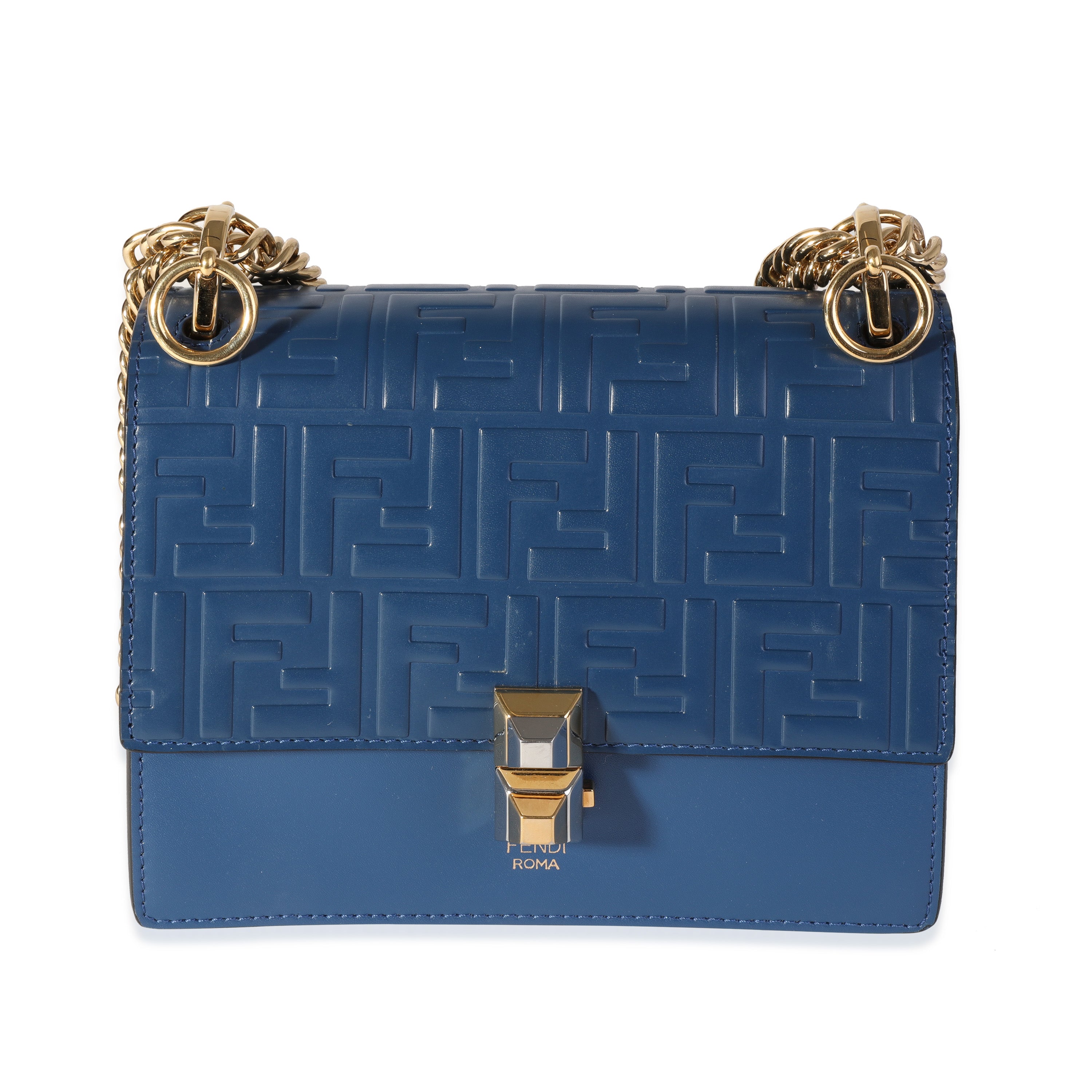 Fendi Blue Logo Embossed Leather Small Kan I Shoulder Bag