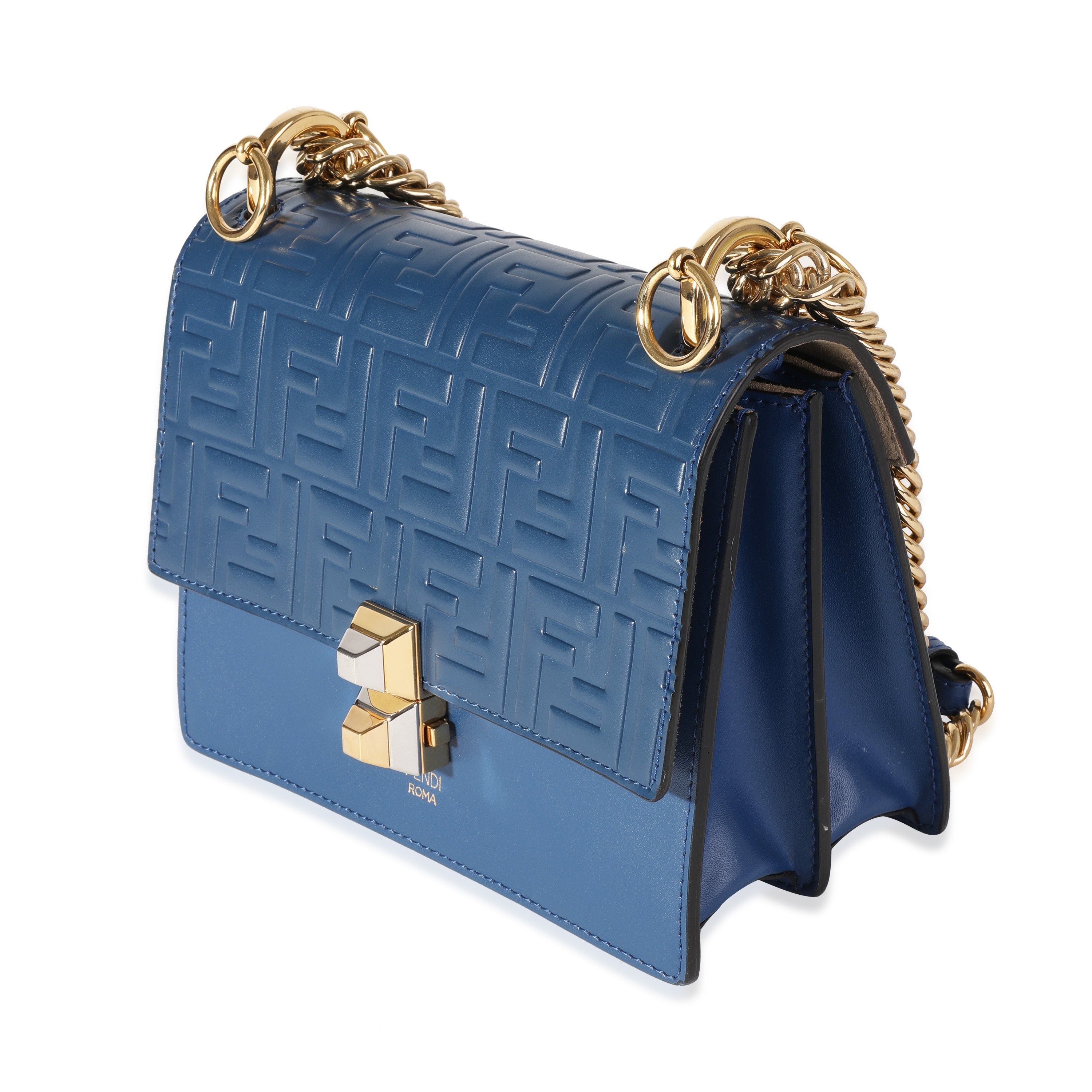 Fendi Blue Logo Embossed Leather Small Kan I Shoulder Bag
