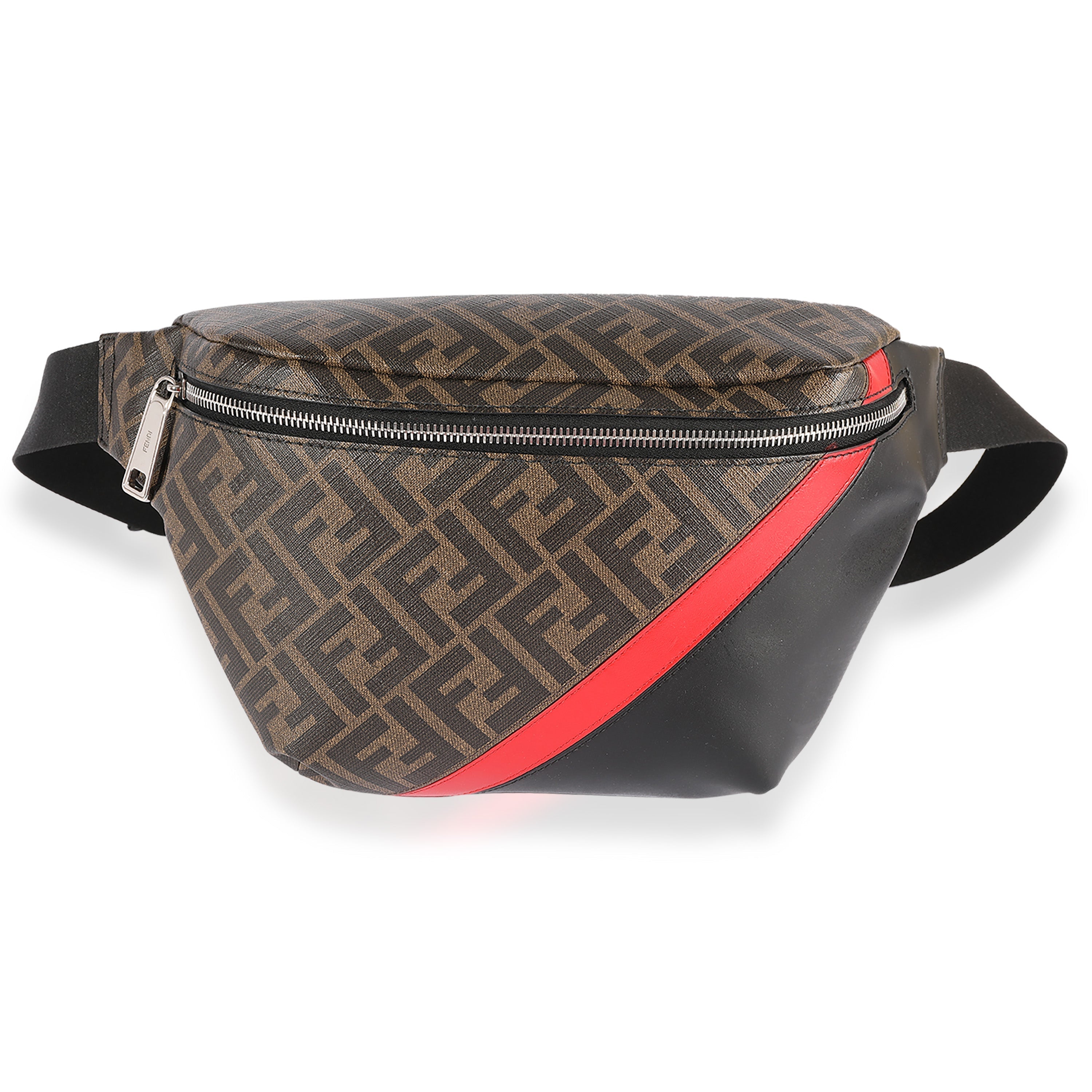 Fendi Zucca Coated Canvas, Red & Black Calfskin Belt Bag