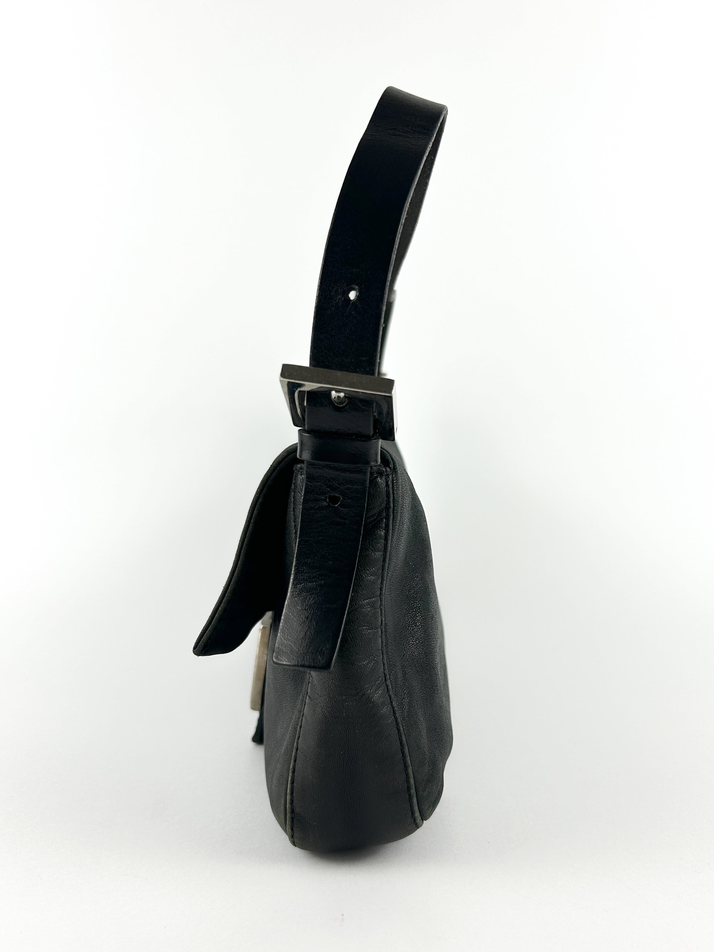 Vintage Fendi Black Leather Baguette Shoulder Bag