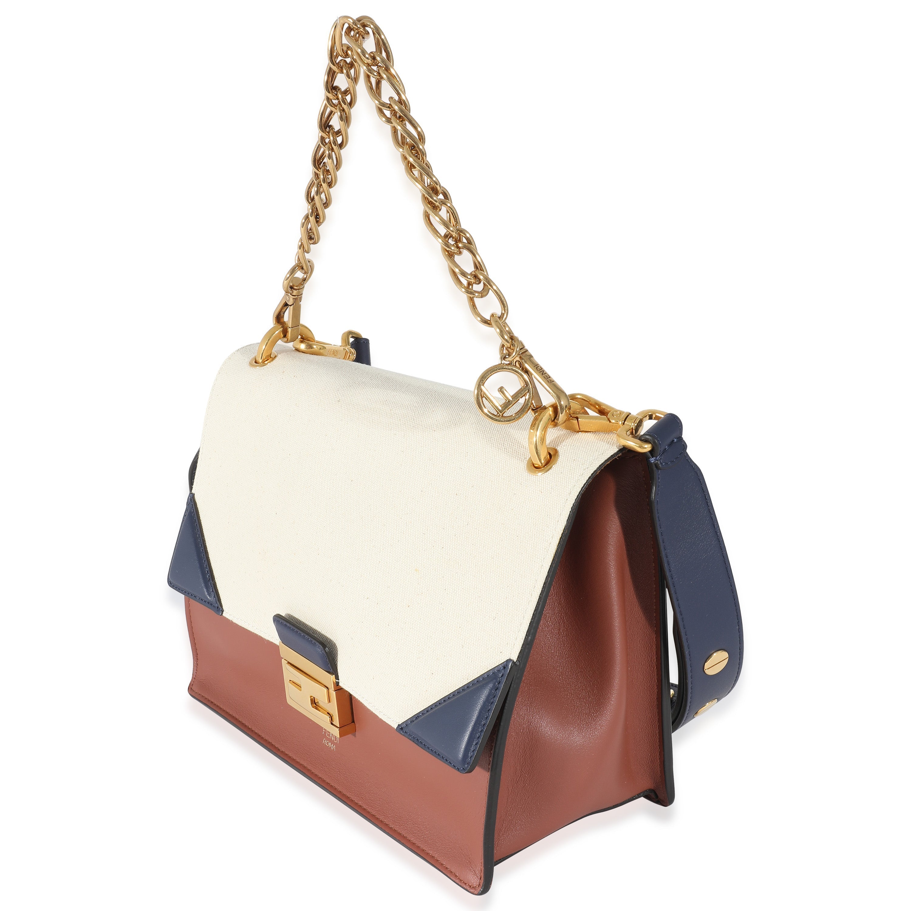 Fendi Brown Leather Beige Canvas Medium Kan U Bag