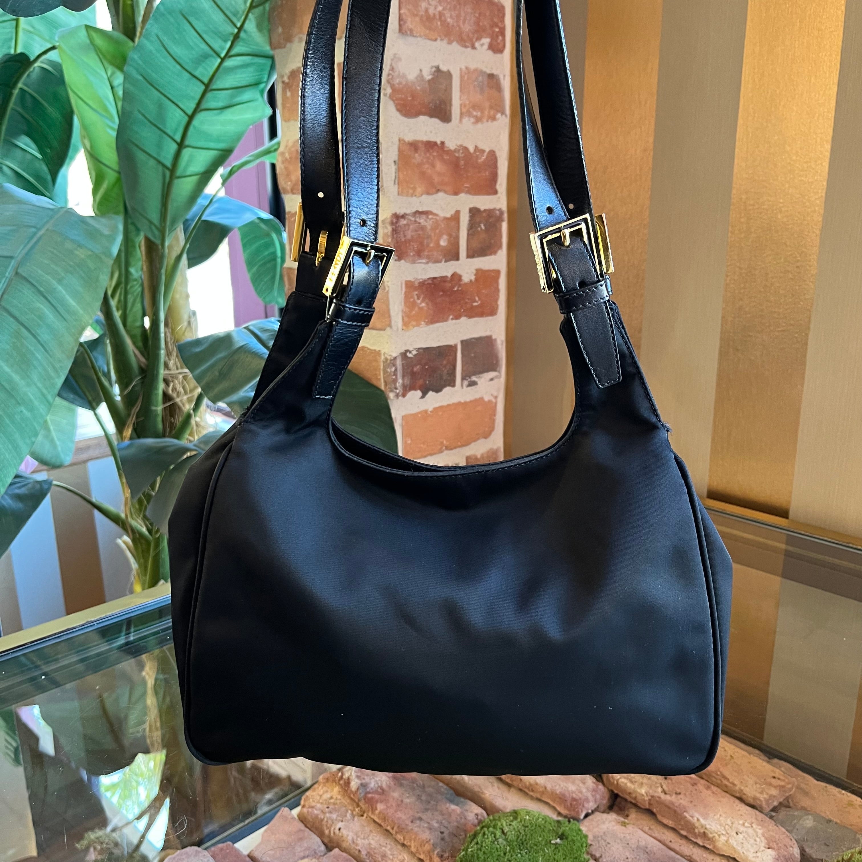 FENDI Logo Black Nylon Shoulder Bag