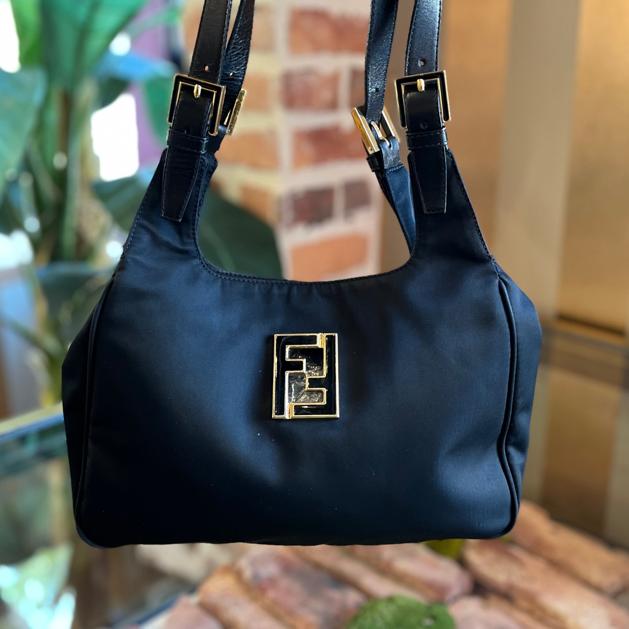 FENDI Logo Black Nylon Shoulder Bag