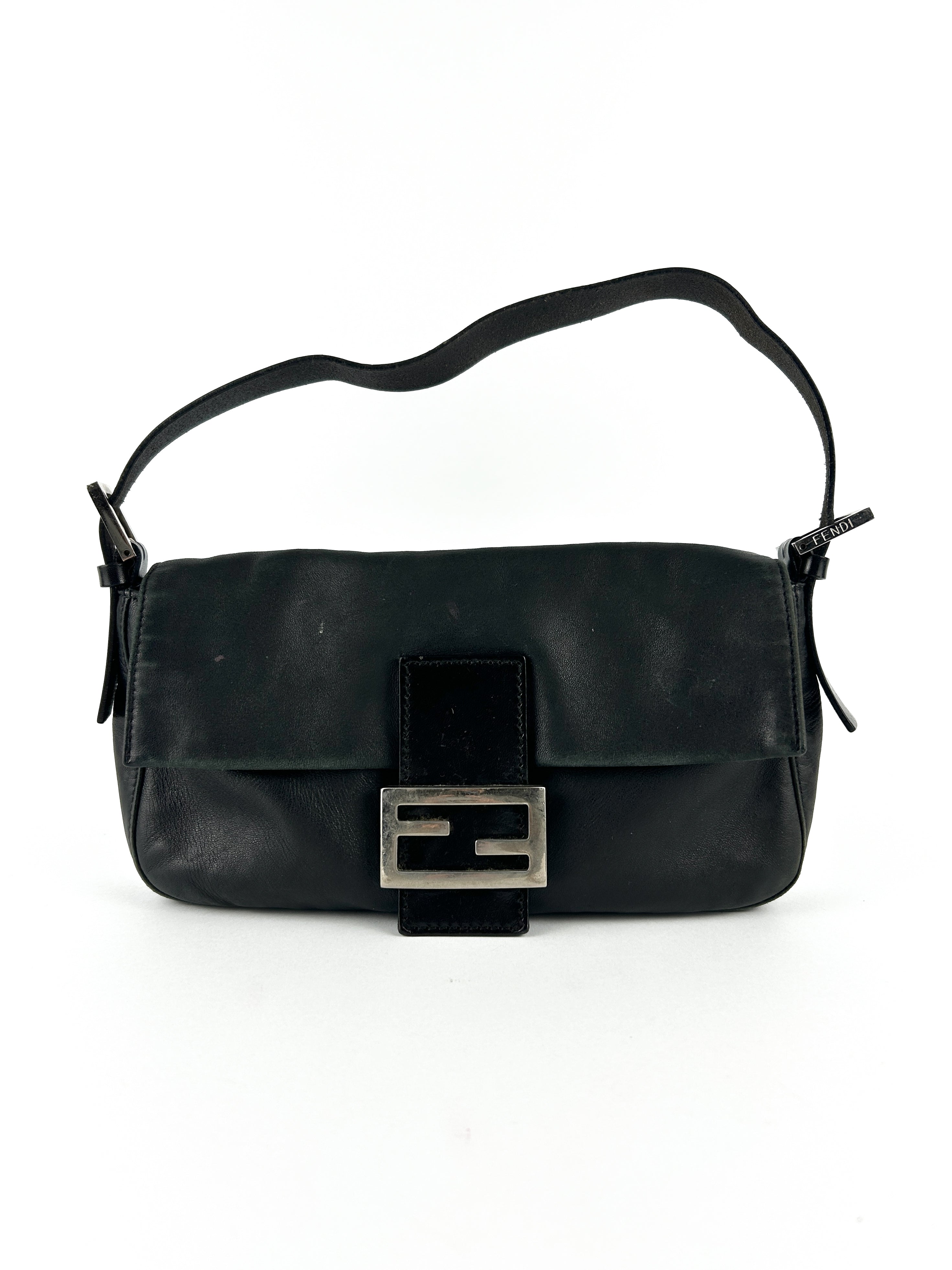 Vintage Fendi Black Leather Baguette Shoulder Bag