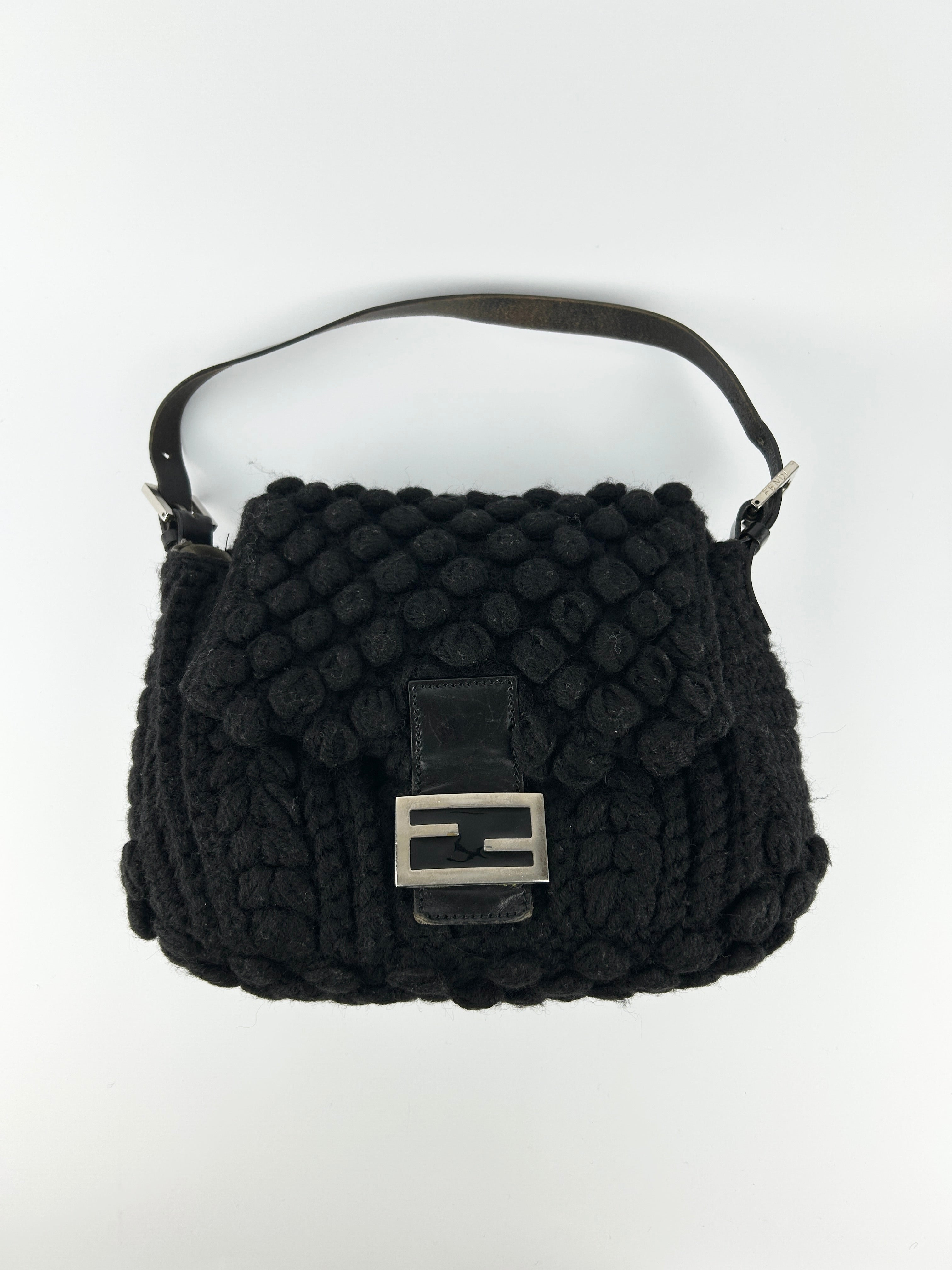 Vintage Fendi Black Crochet Bobble Knit Mamma Baguette Shoulder Bag