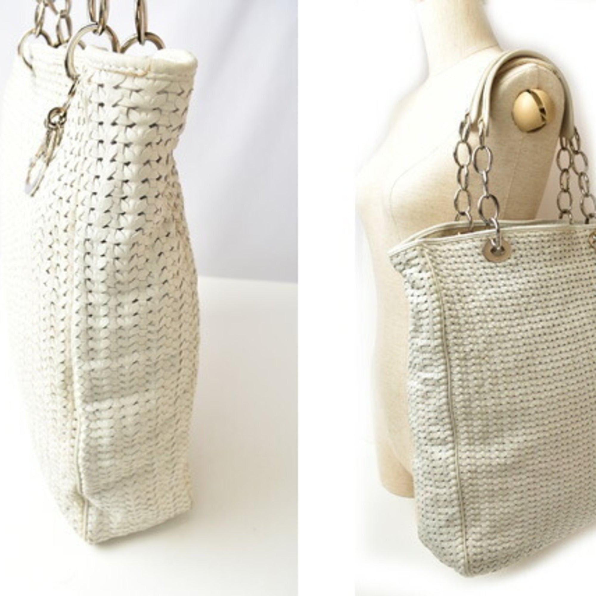 Christian Dior Lady Dior Silver White Leather Tote Bag ()