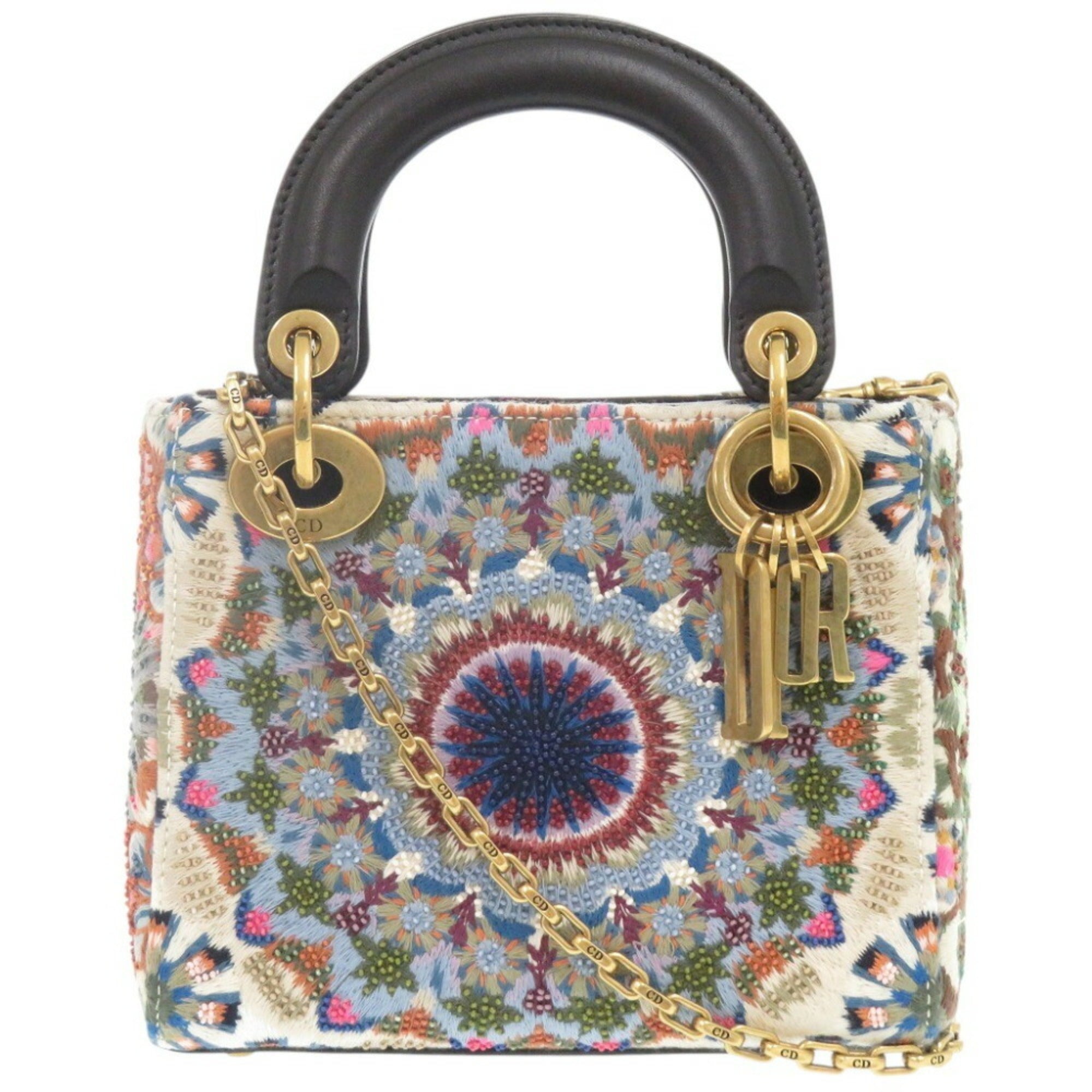 Christian Dior Beige Yellow Wool Leather Beads Handbag ()