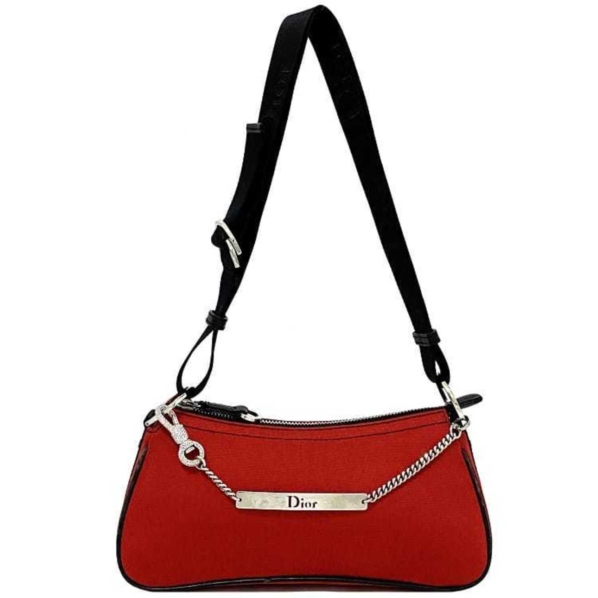 Christian Dior Black Red Color Satin Canvas Leather Shoulder Bag ()