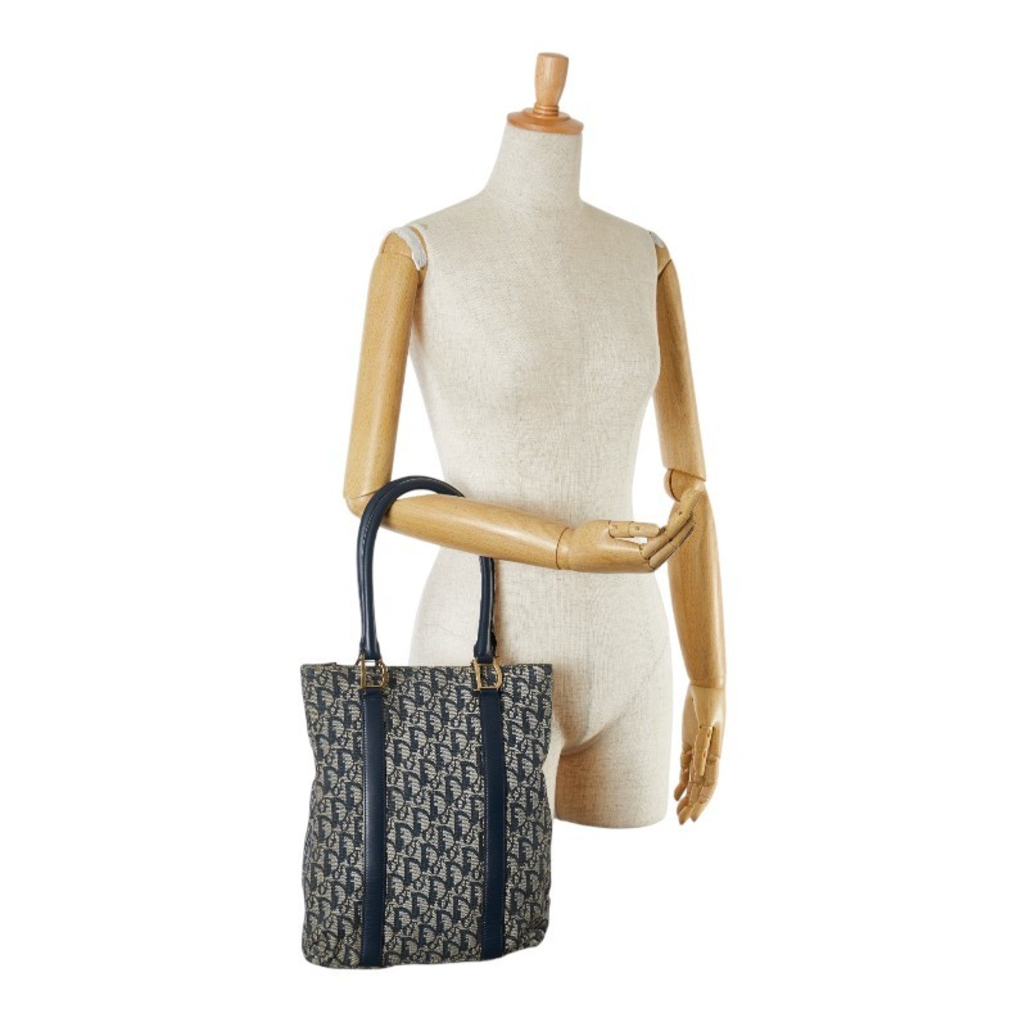 Christian Dior Beige Navy Canvas Leather Handbag Tote Bag ()
