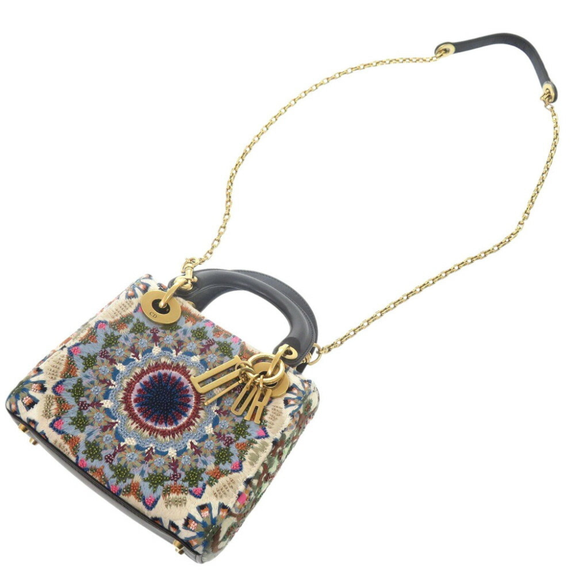 Christian Dior Beige Yellow Wool Leather Beads Handbag ()
