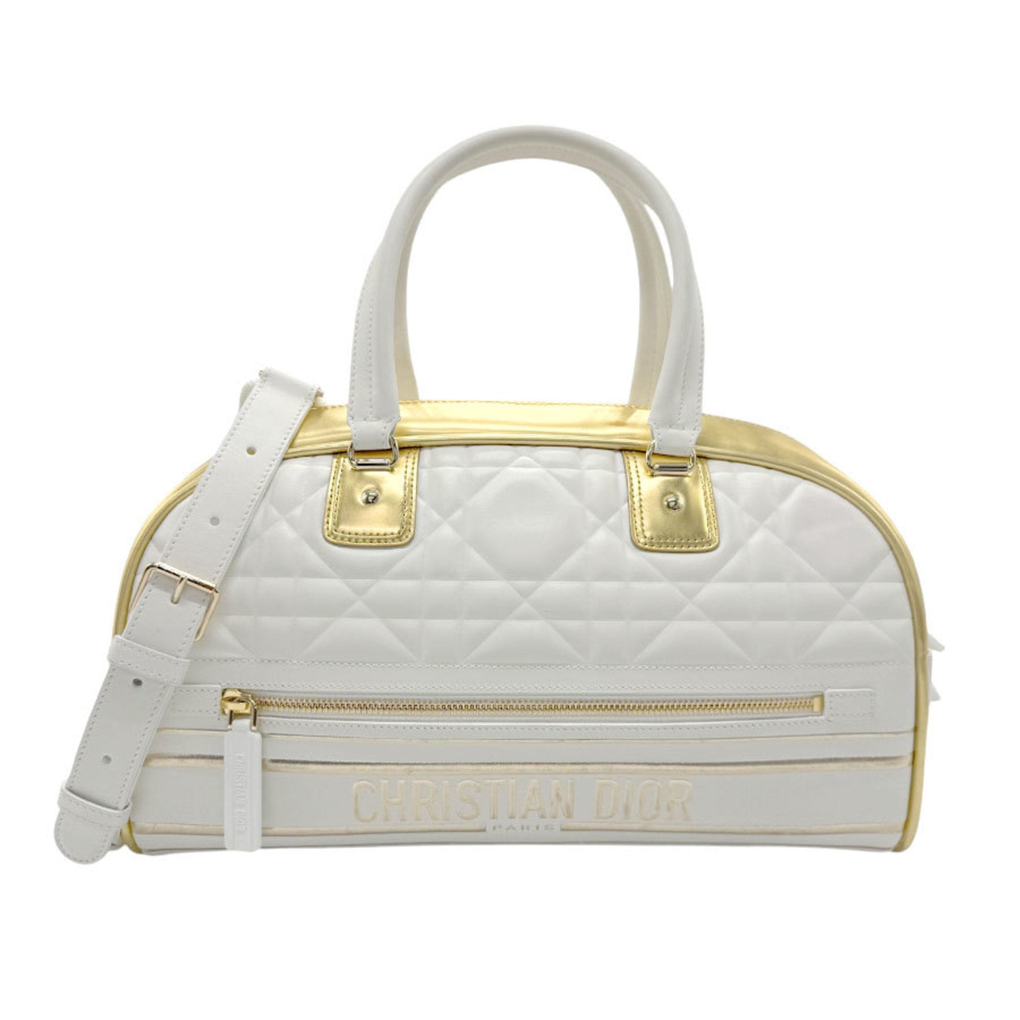 Christian Dior Gold White Leather Rubber Boston Bag Handbag Shoulder Bag ()