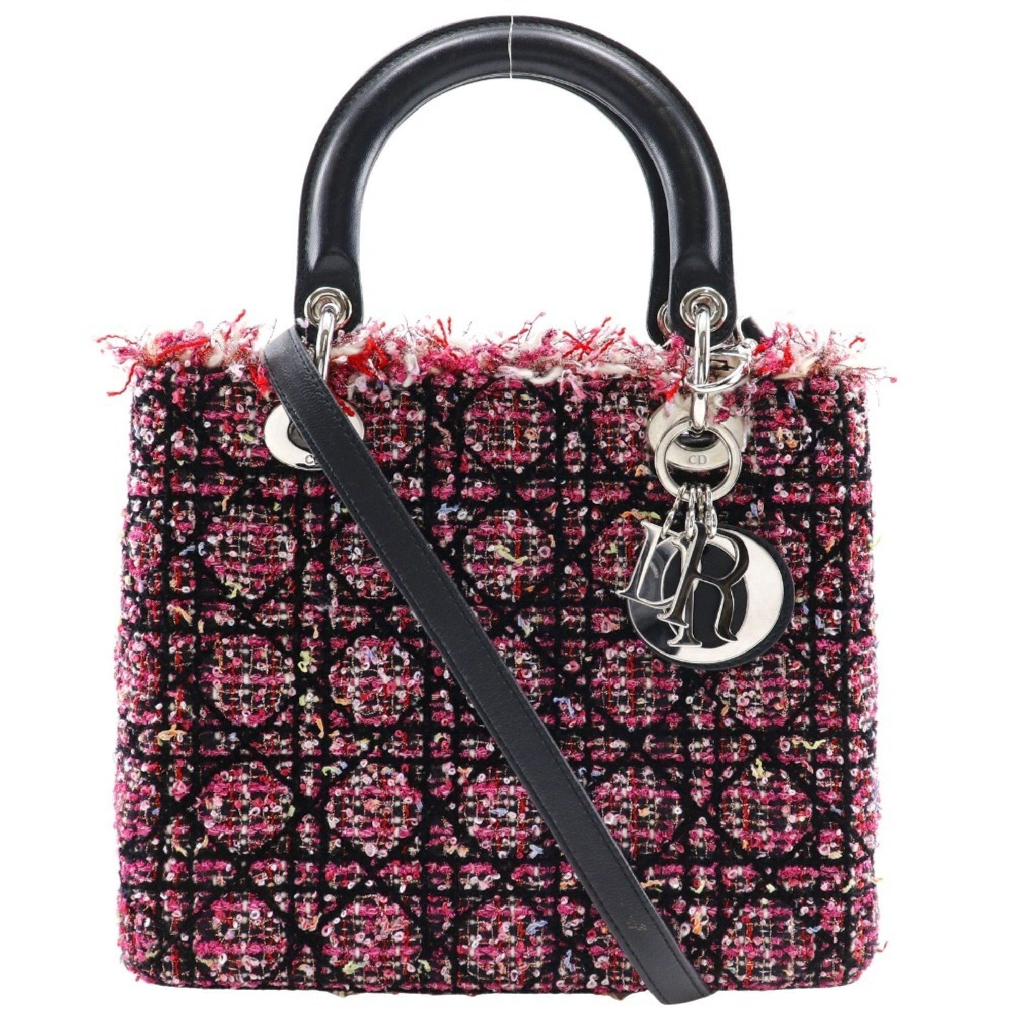 Christian Dior Lady Dior Black Pink Tweed Leather Handbag ()
