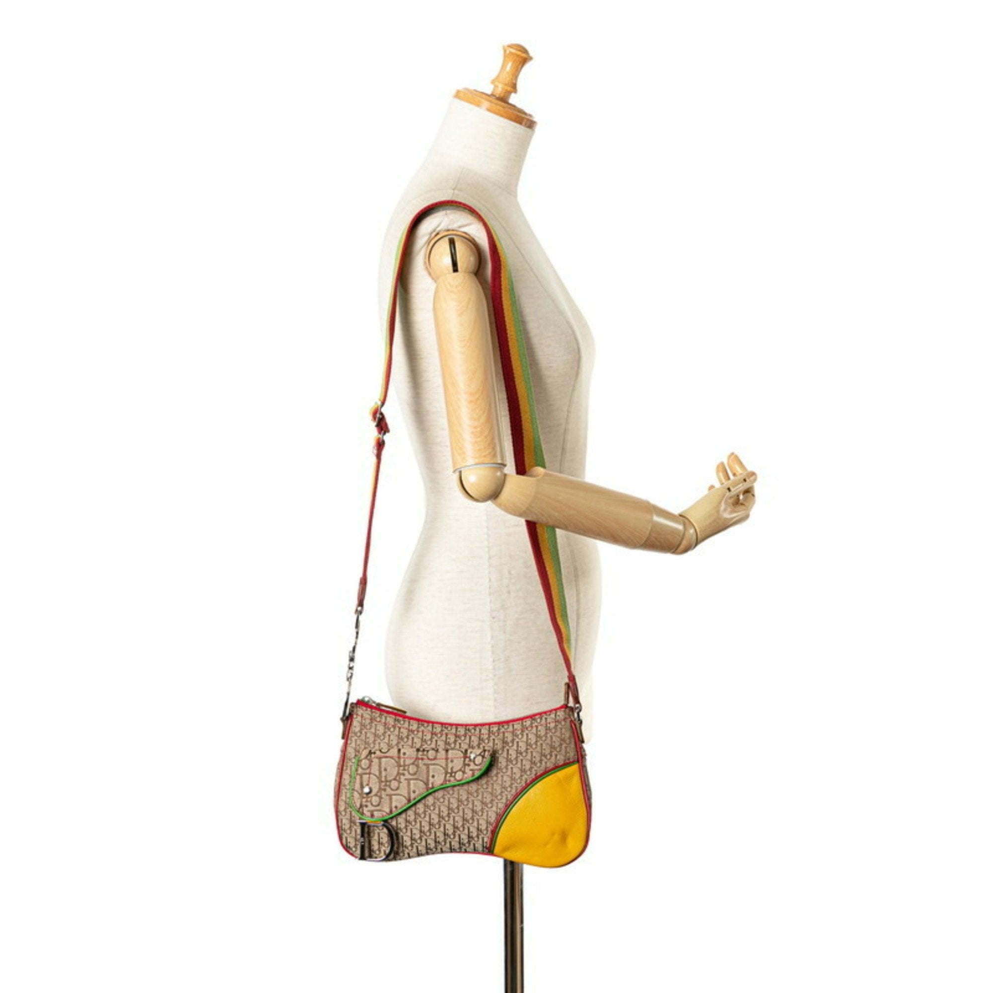 Christian Dior Beige Brown Yellow Canvas Leather Handbag Pochette Pouch Shoulder Bag ()