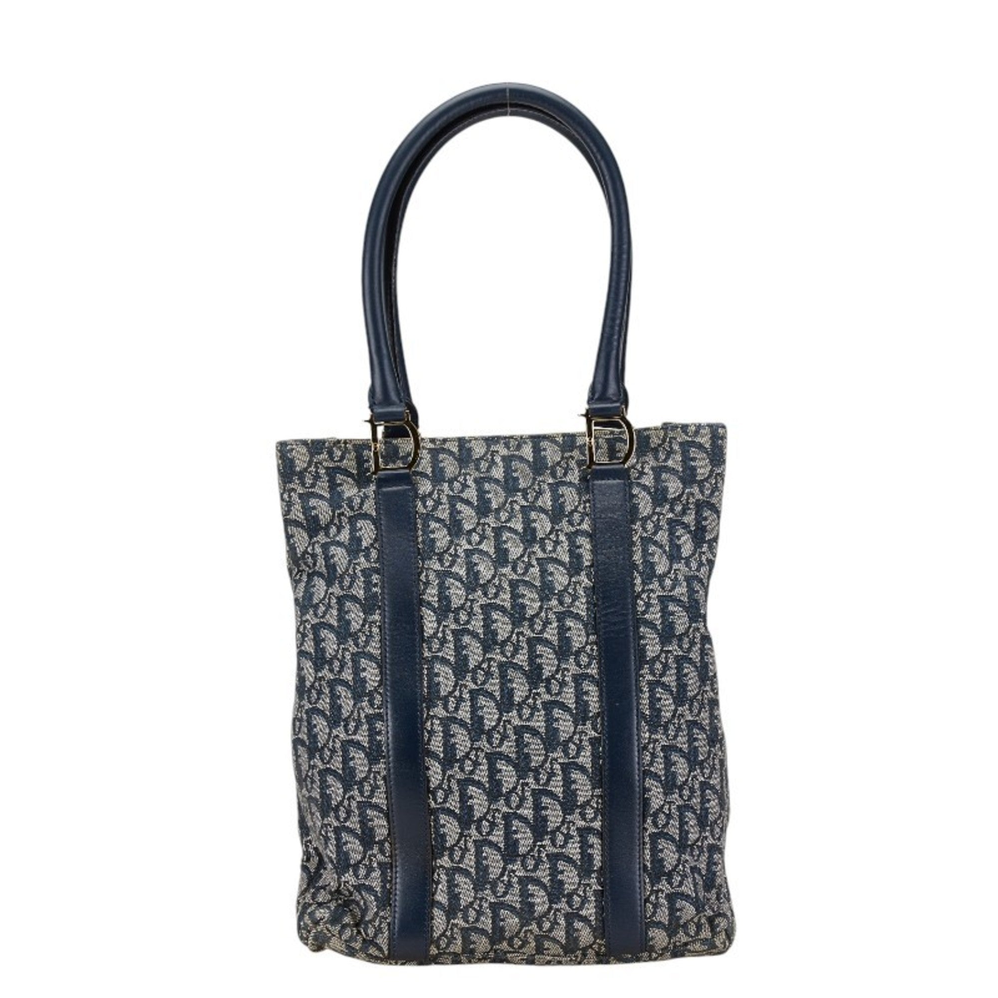 Christian Dior Beige Navy Canvas Leather Handbag Tote Bag ()