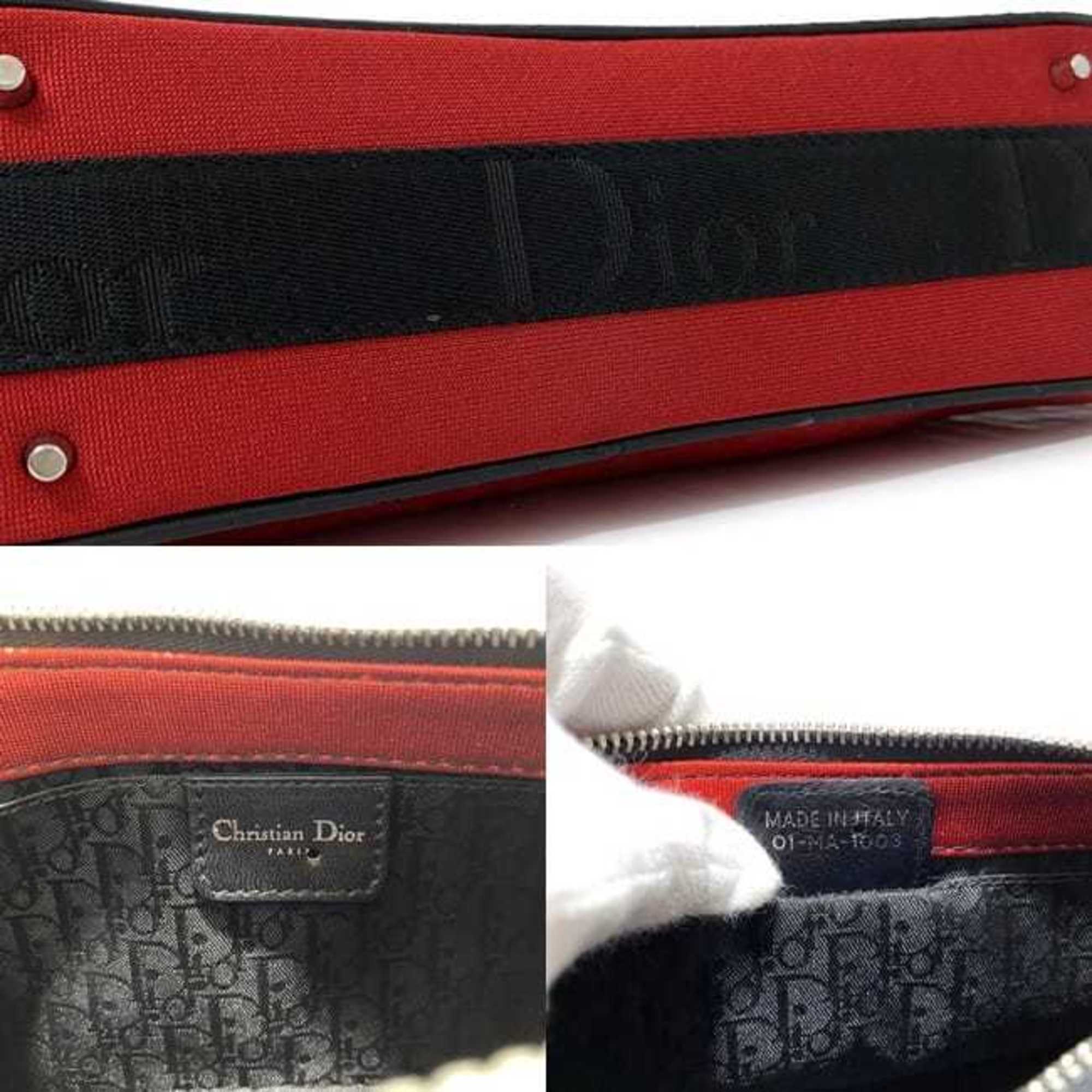 Christian Dior Black Red Color Satin Canvas Leather Shoulder Bag ()