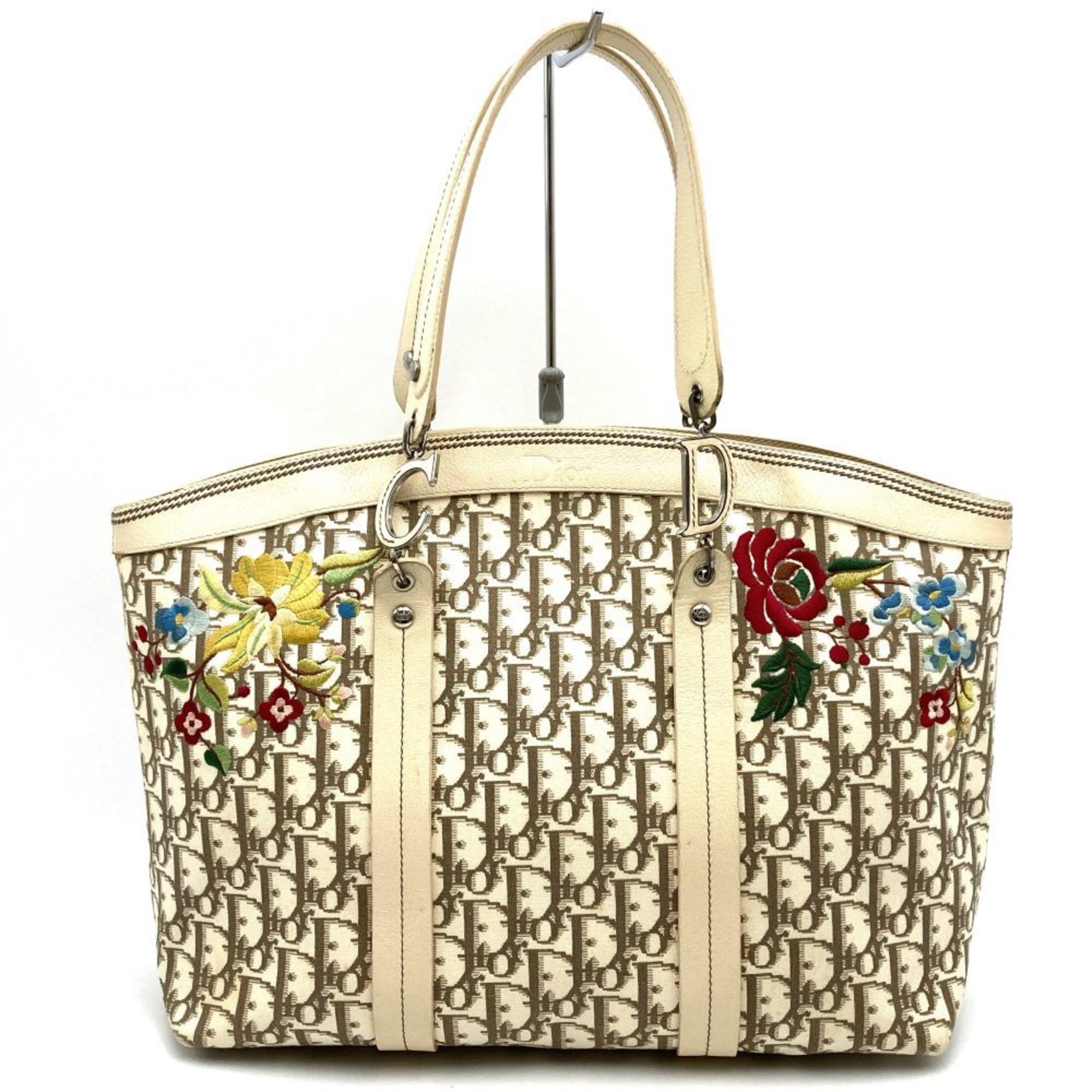 Christian Dior Beige Ivory White Canvas Leather Tote Bag ()