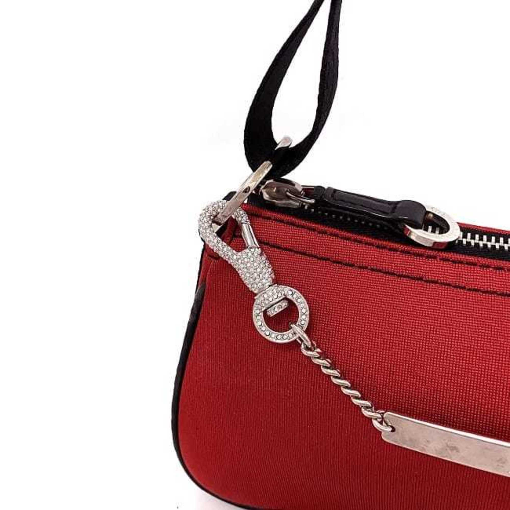Christian Dior Black Red Color Satin Canvas Leather Shoulder Bag ()