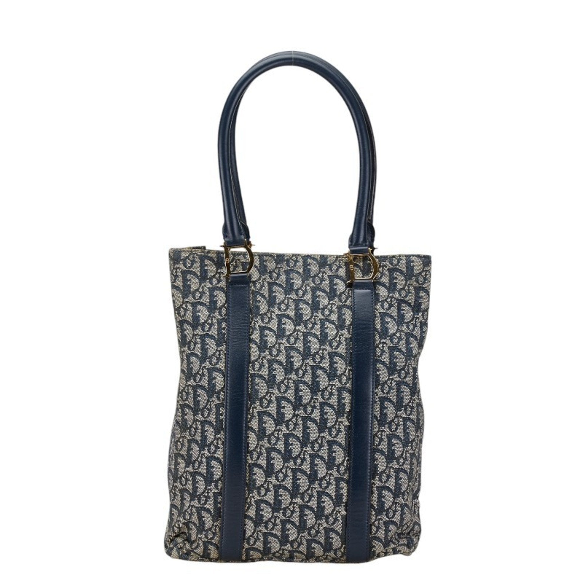Christian Dior Beige Navy Canvas Leather Handbag Tote Bag ()