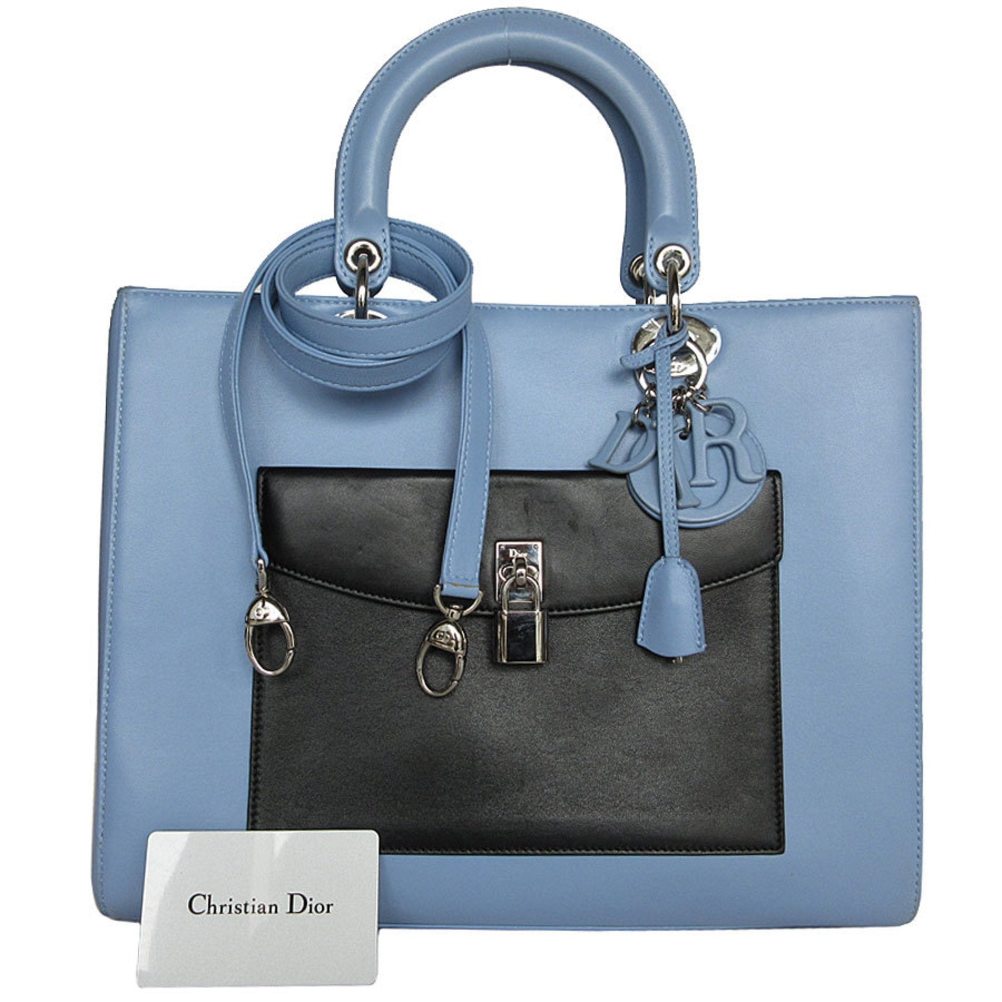 Christian Dior Black Light Blue White Leather Handbag Shoulder Bag ()