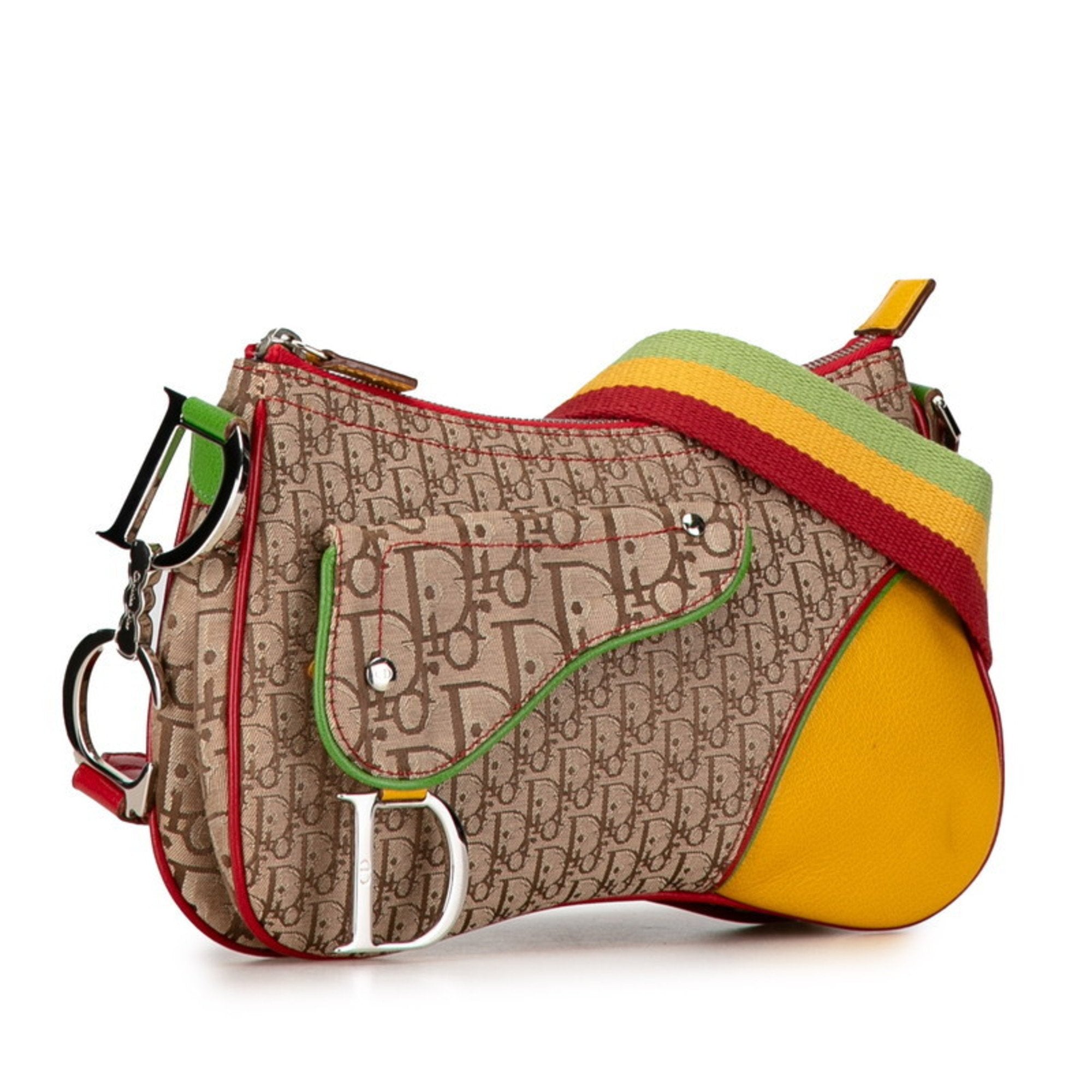 Christian Dior Beige Brown Yellow Canvas Leather Handbag Pochette Pouch Shoulder Bag ()