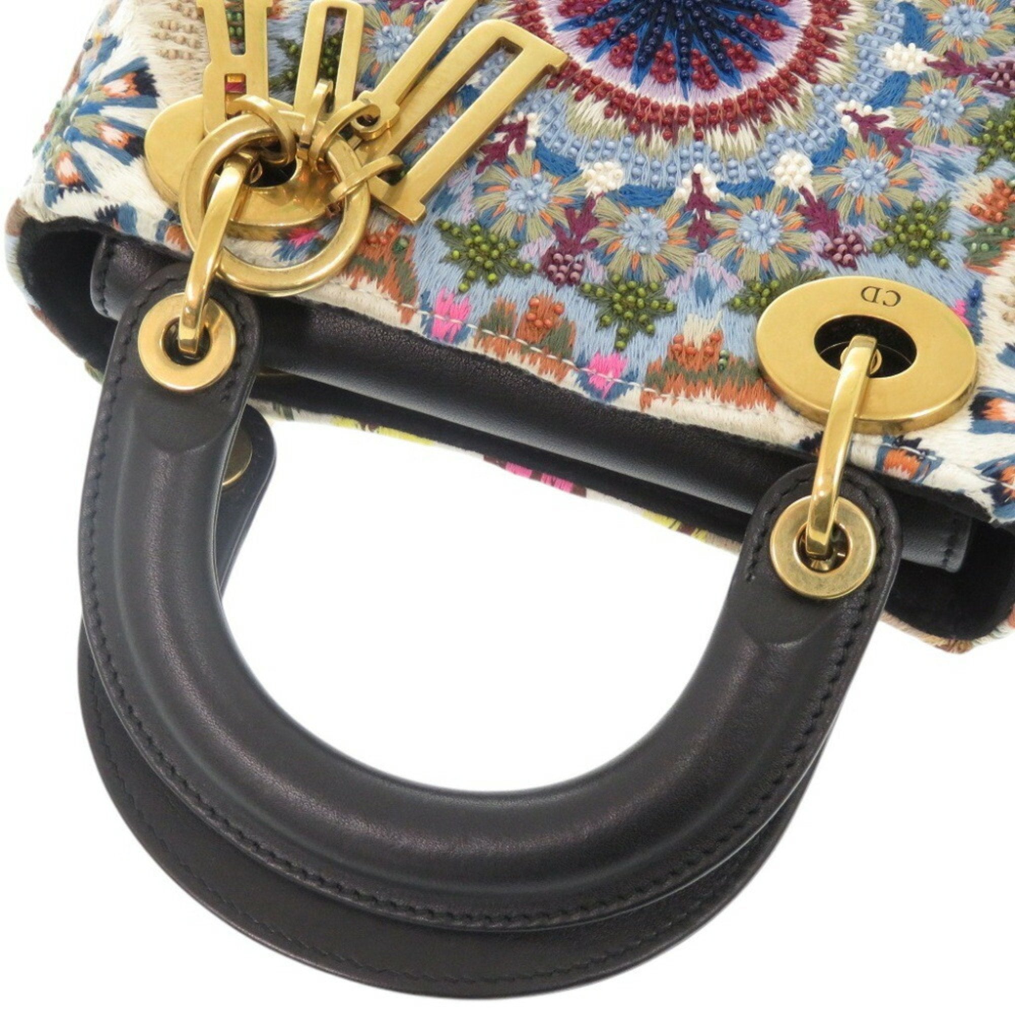Christian Dior Beige Yellow Wool Leather Beads Handbag ()
