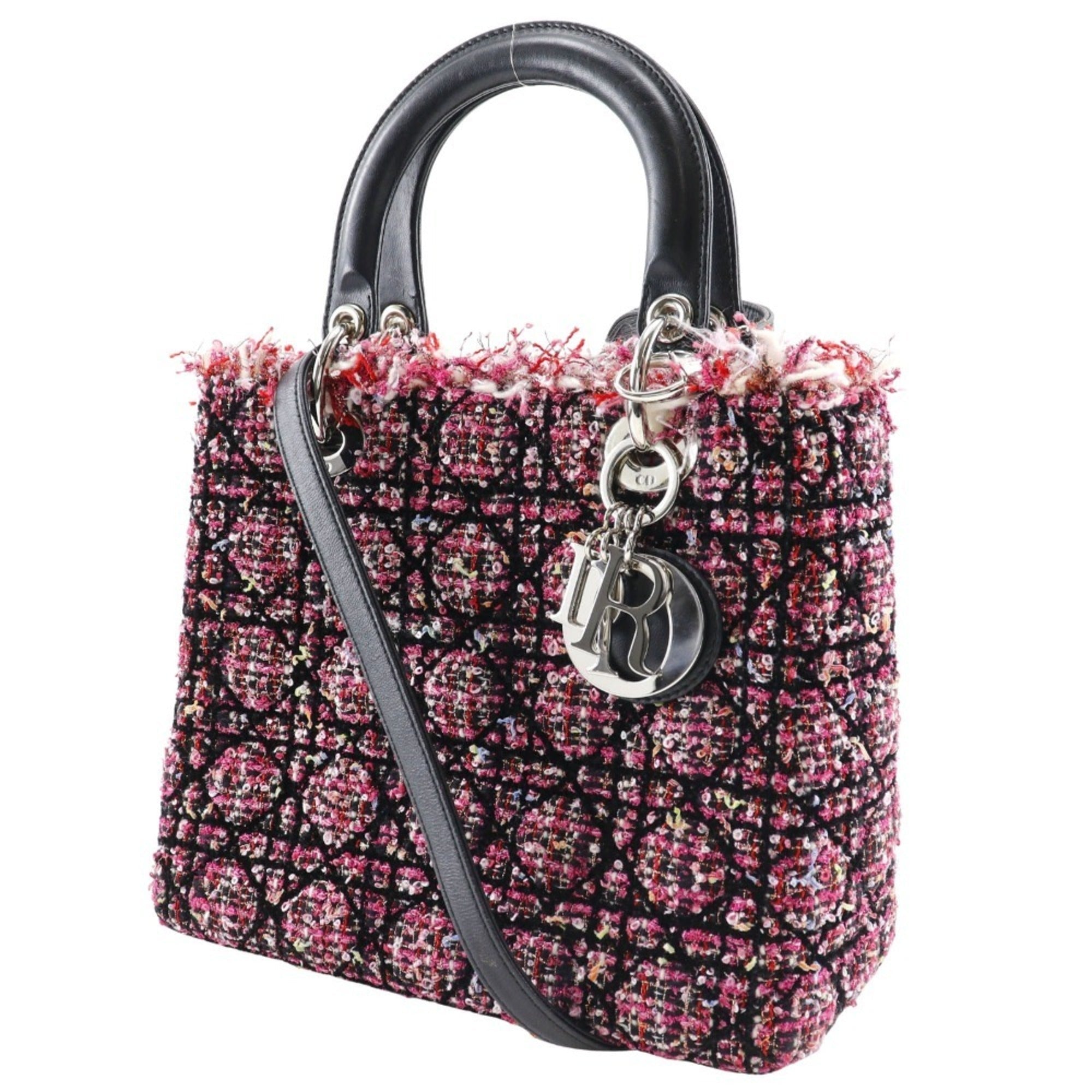 Christian Dior Lady Dior Black Pink Tweed Leather Handbag ()