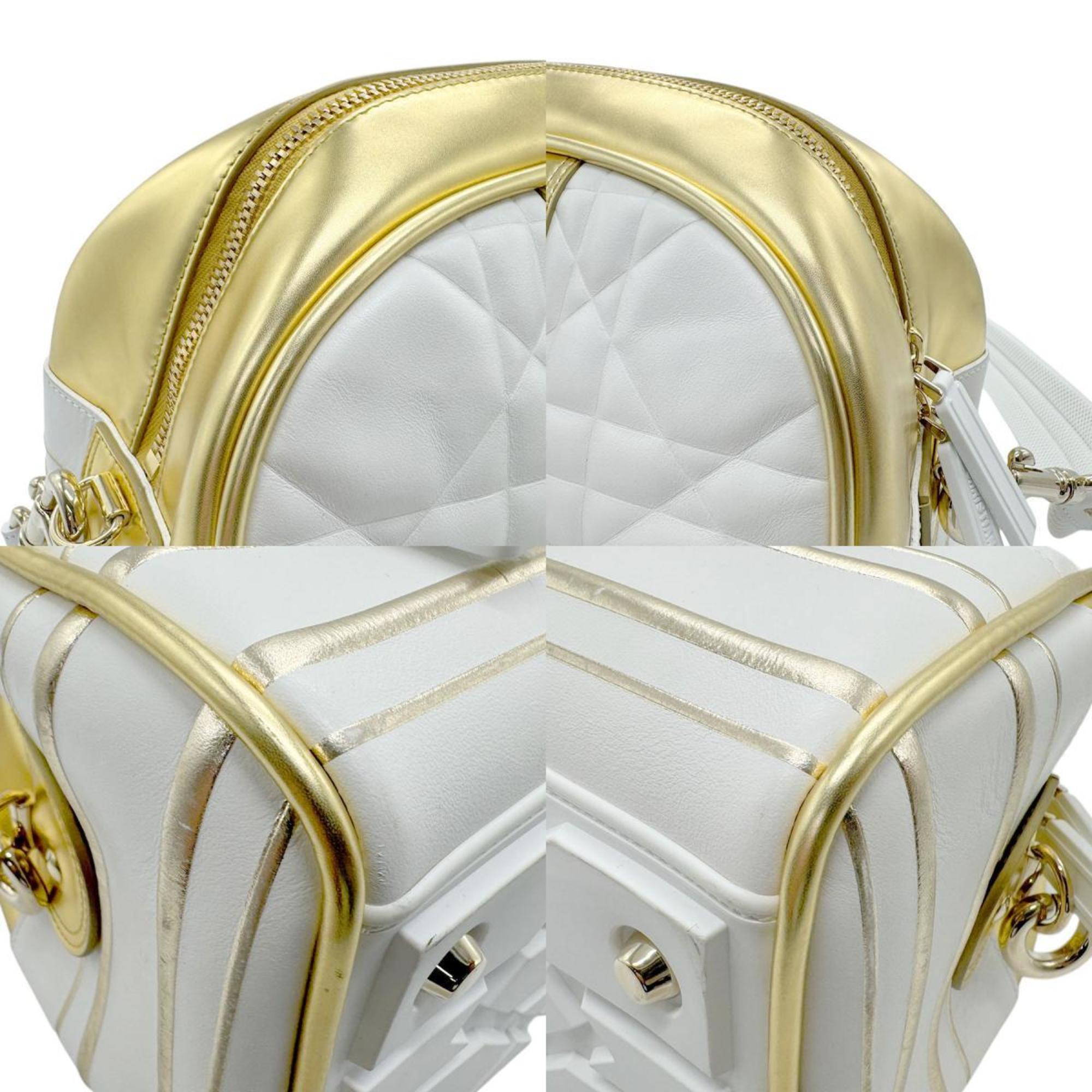Christian Dior Gold White Leather Rubber Boston Bag Handbag Shoulder Bag ()
