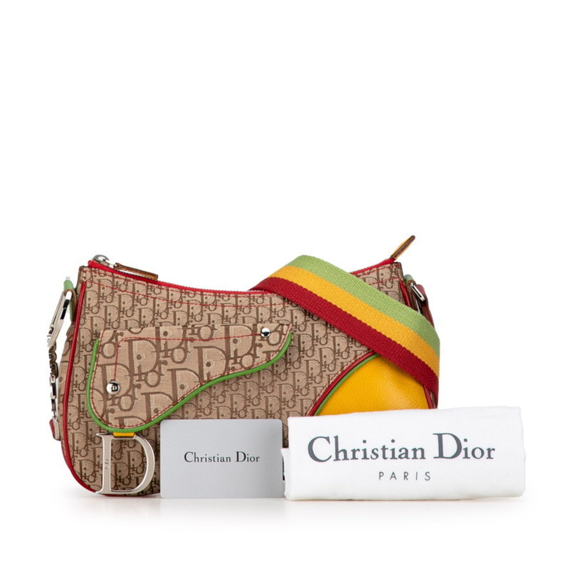 Christian Dior Beige Brown Yellow Canvas Leather Handbag Pochette Pouch Shoulder Bag ()