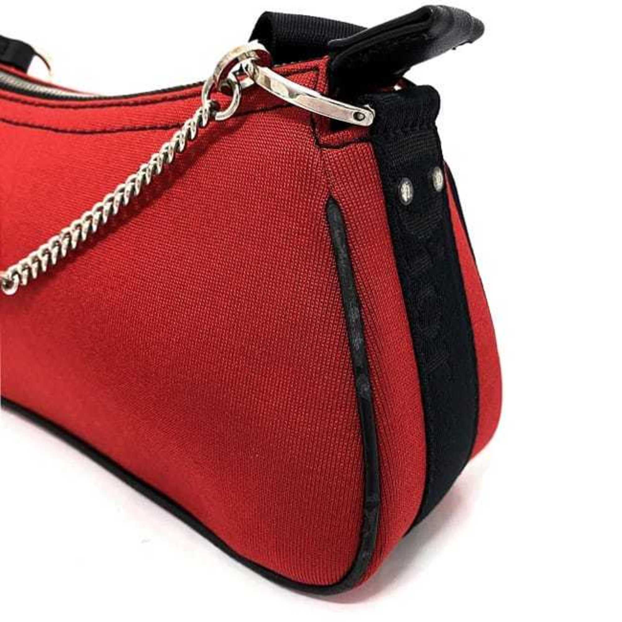 Christian Dior Black Red Color Satin Canvas Leather Shoulder Bag ()