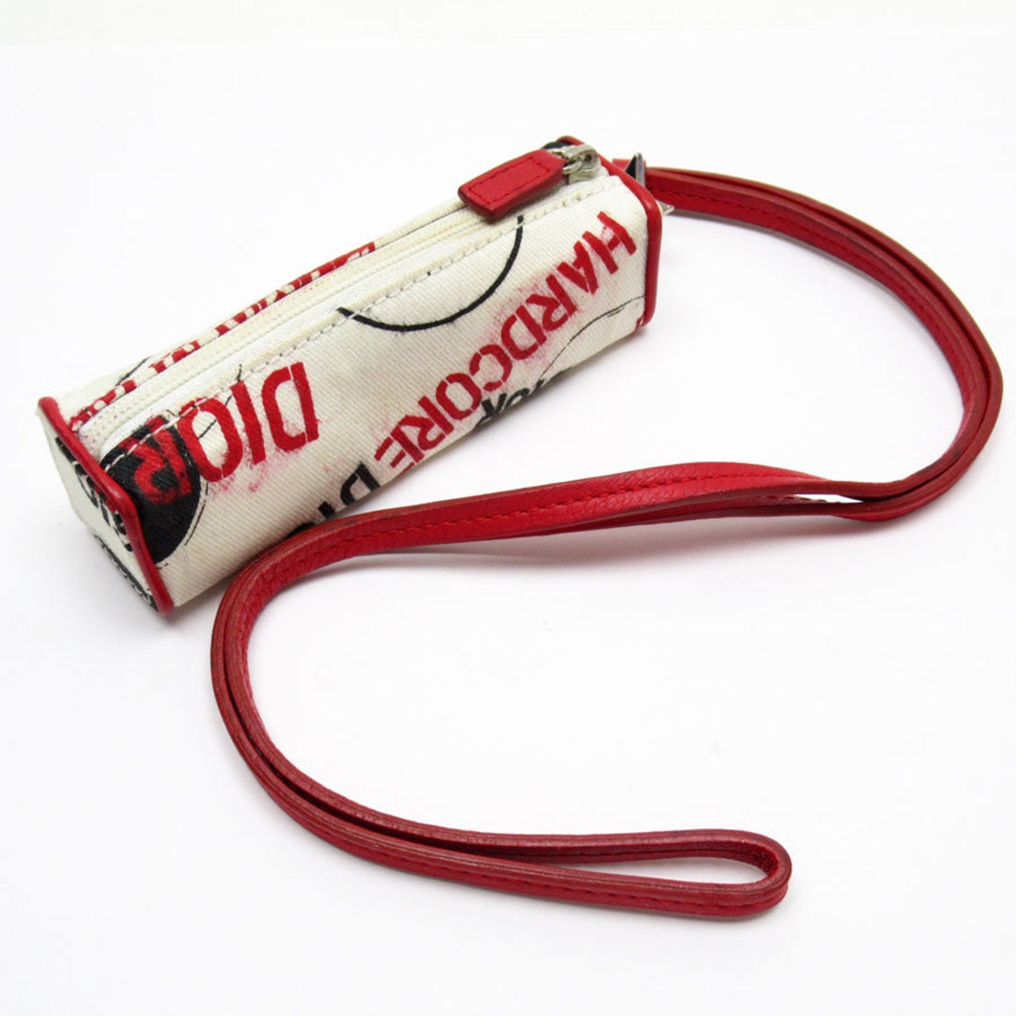 Christian Dior Black Red Color White Canvas Leather Pouch ()