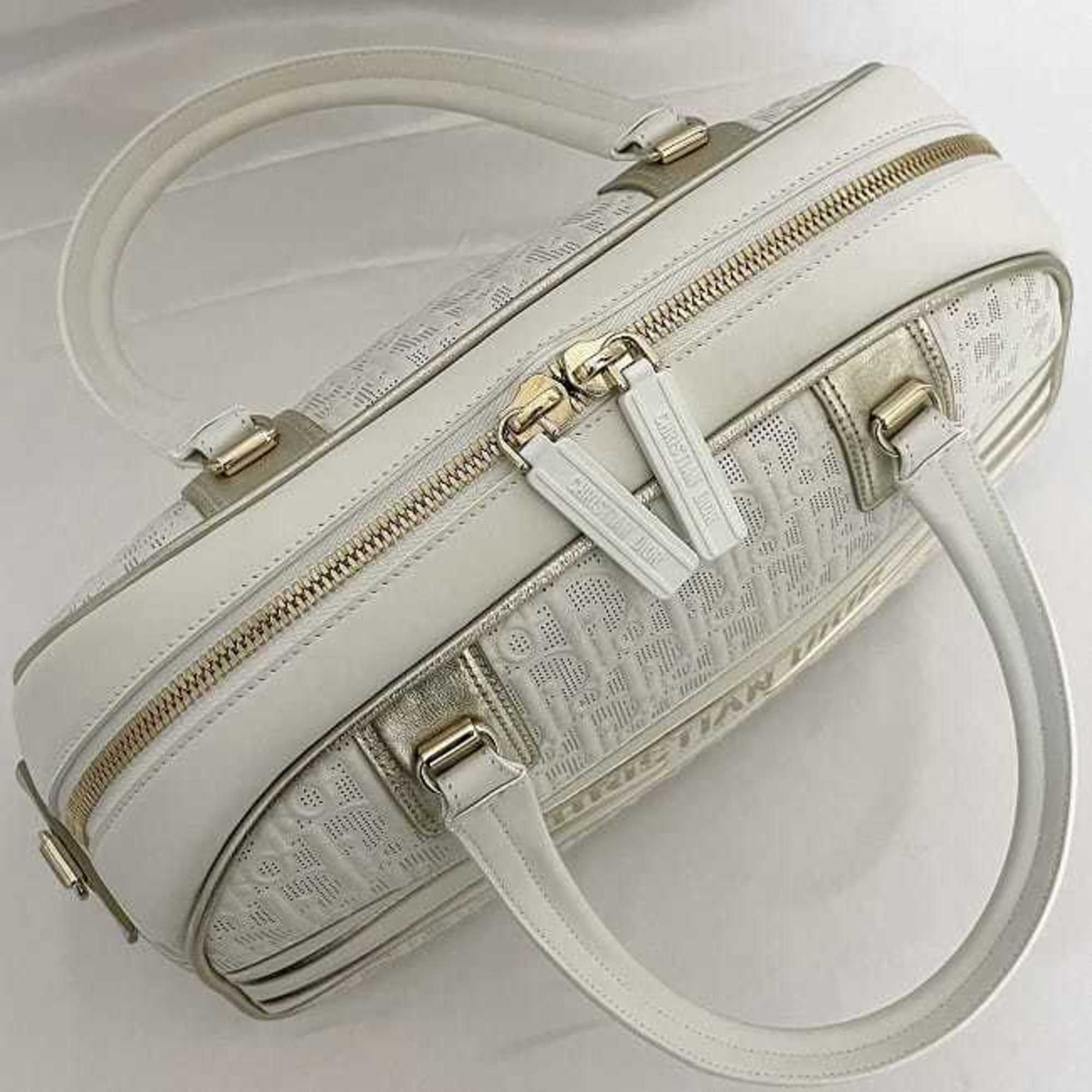 Christian Dior Trotter White Leather Rubber Boston Bag Handbag ()