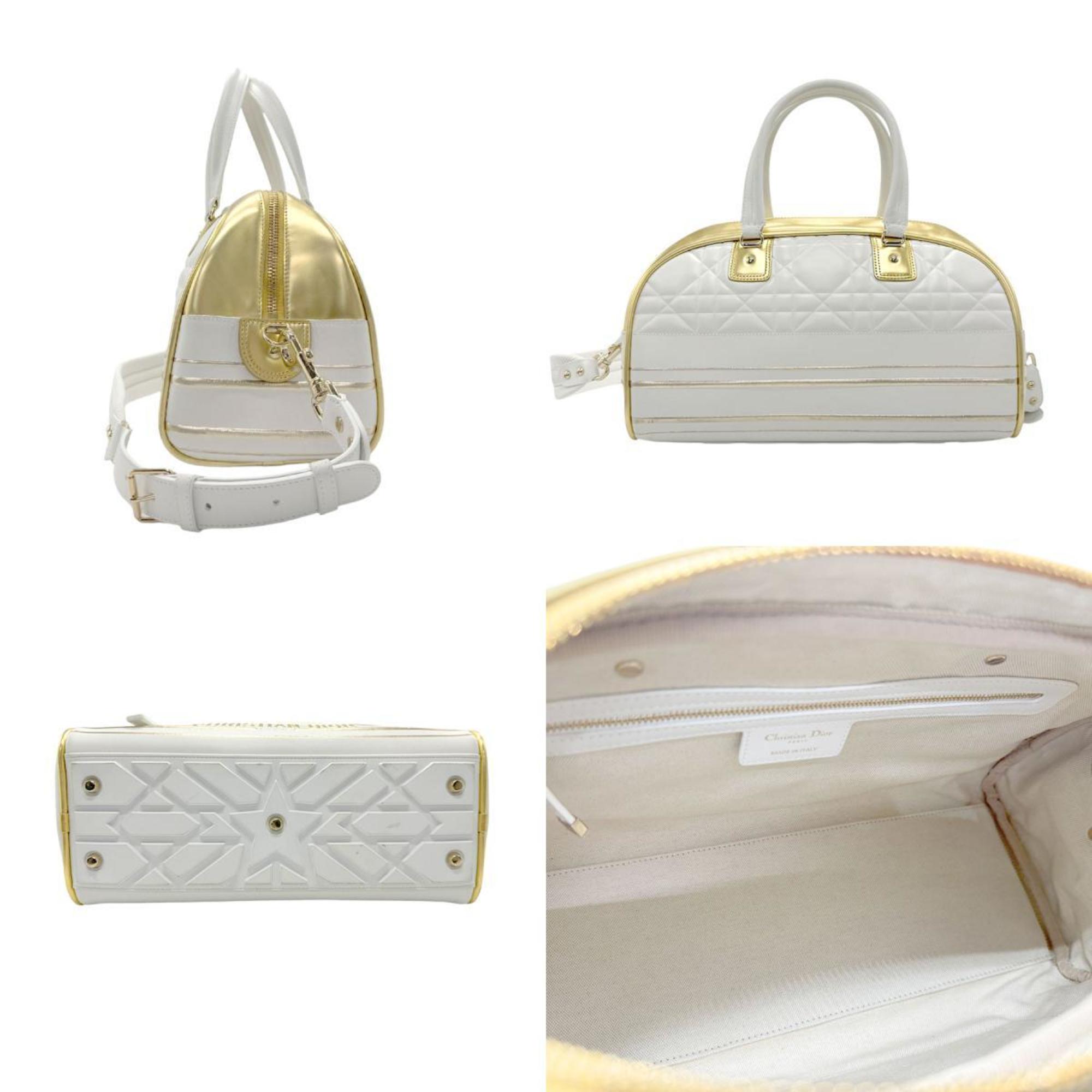 Christian Dior Gold White Leather Rubber Boston Bag Handbag Shoulder Bag ()
