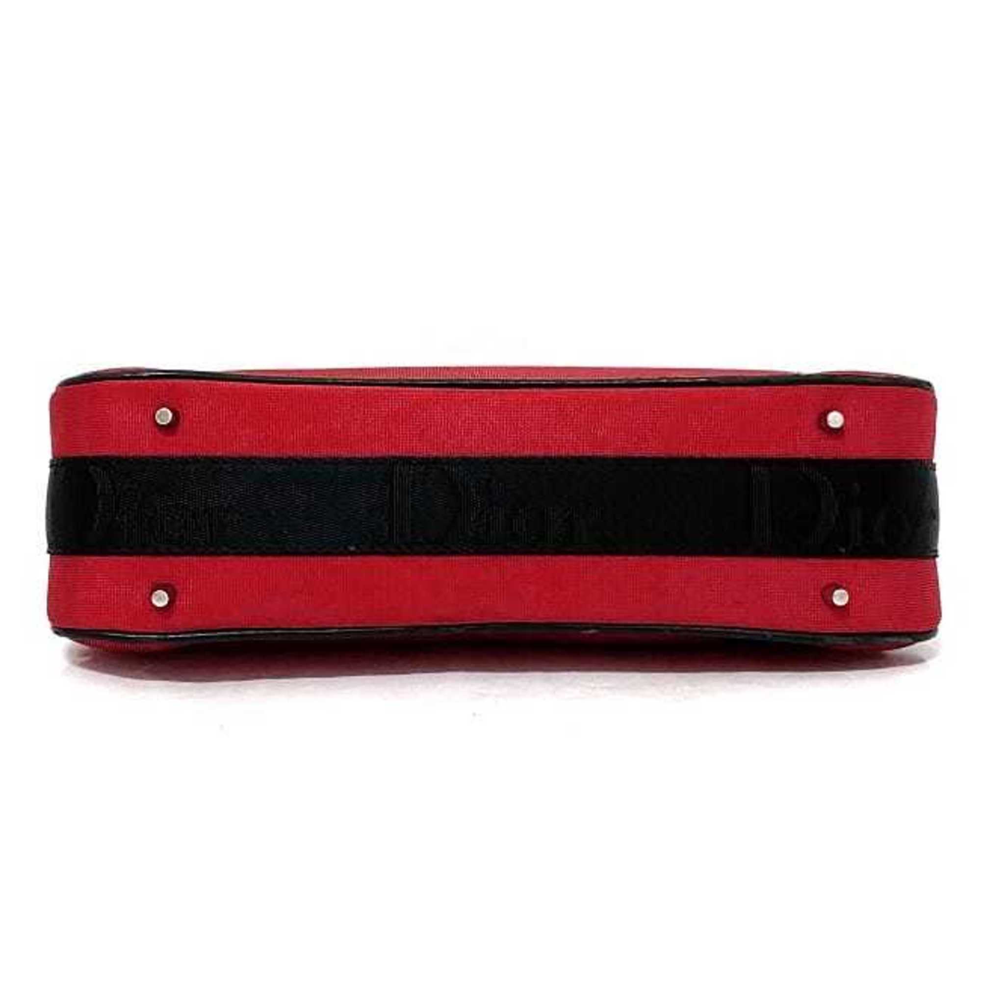 Christian Dior Black Red Color Satin Canvas Leather Shoulder Bag ()