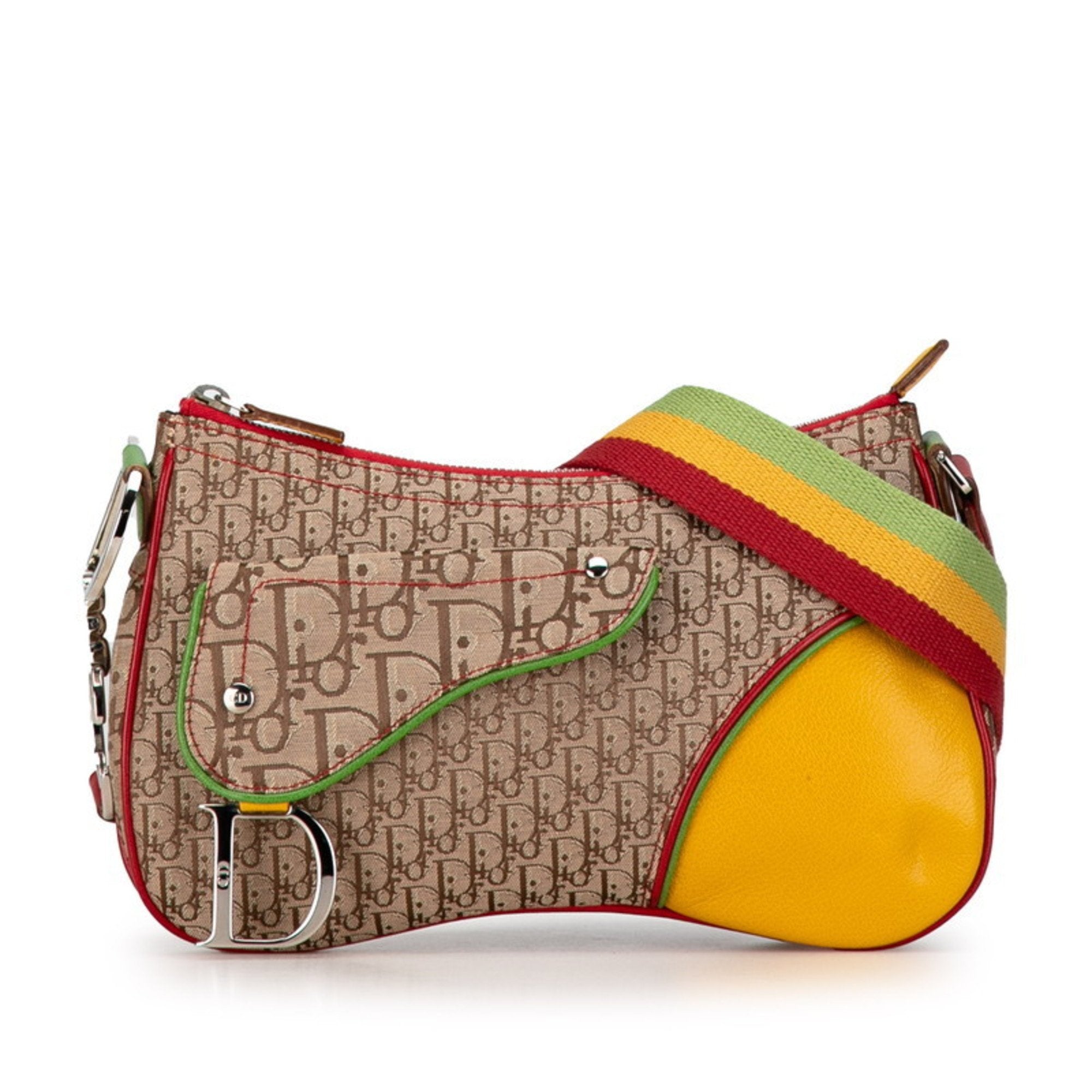 Christian Dior Beige Brown Yellow Canvas Leather Handbag Pochette Pouch Shoulder Bag ()