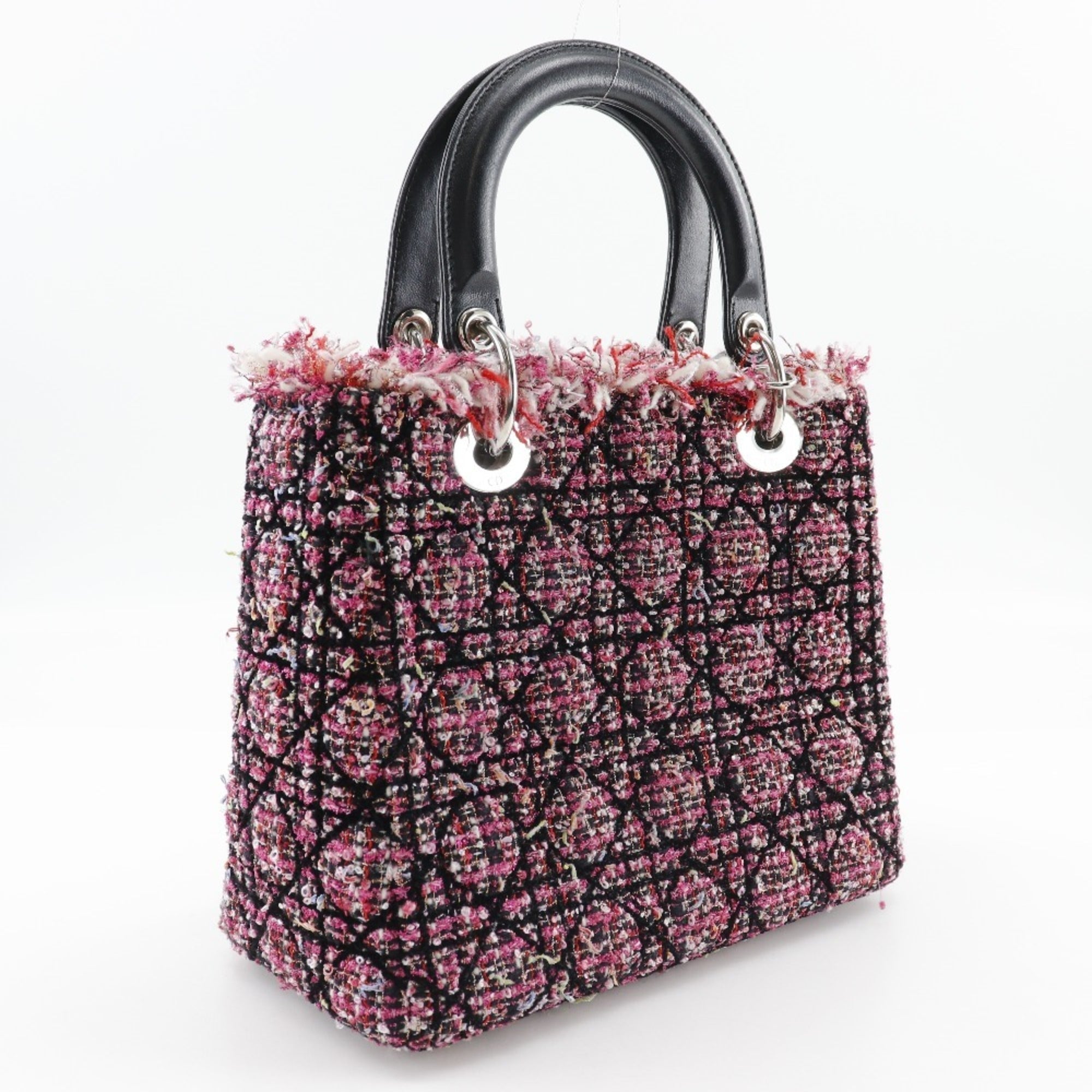 Christian Dior Lady Dior Black Pink Tweed Leather Handbag ()