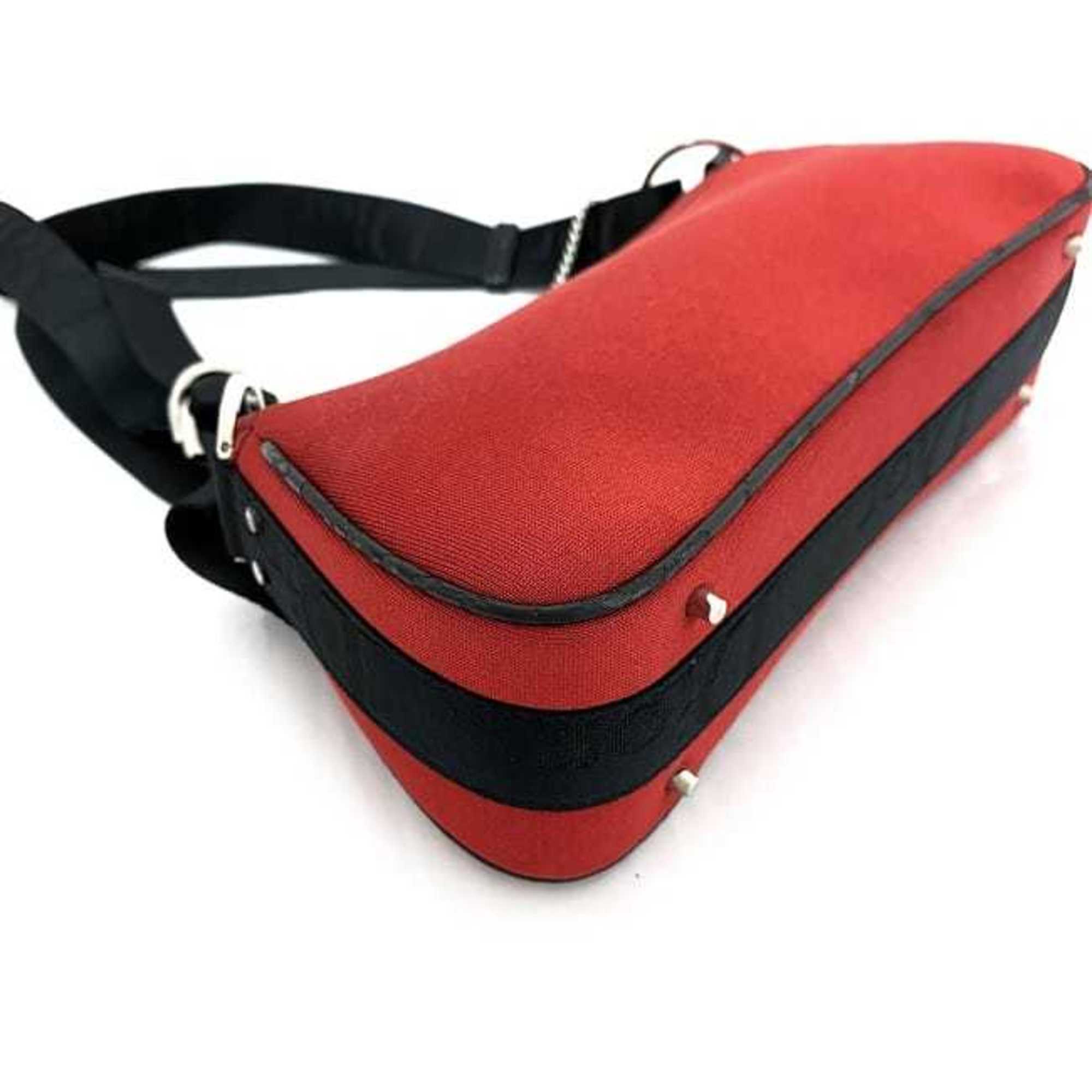 Christian Dior Black Red Color Satin Canvas Leather Shoulder Bag ()