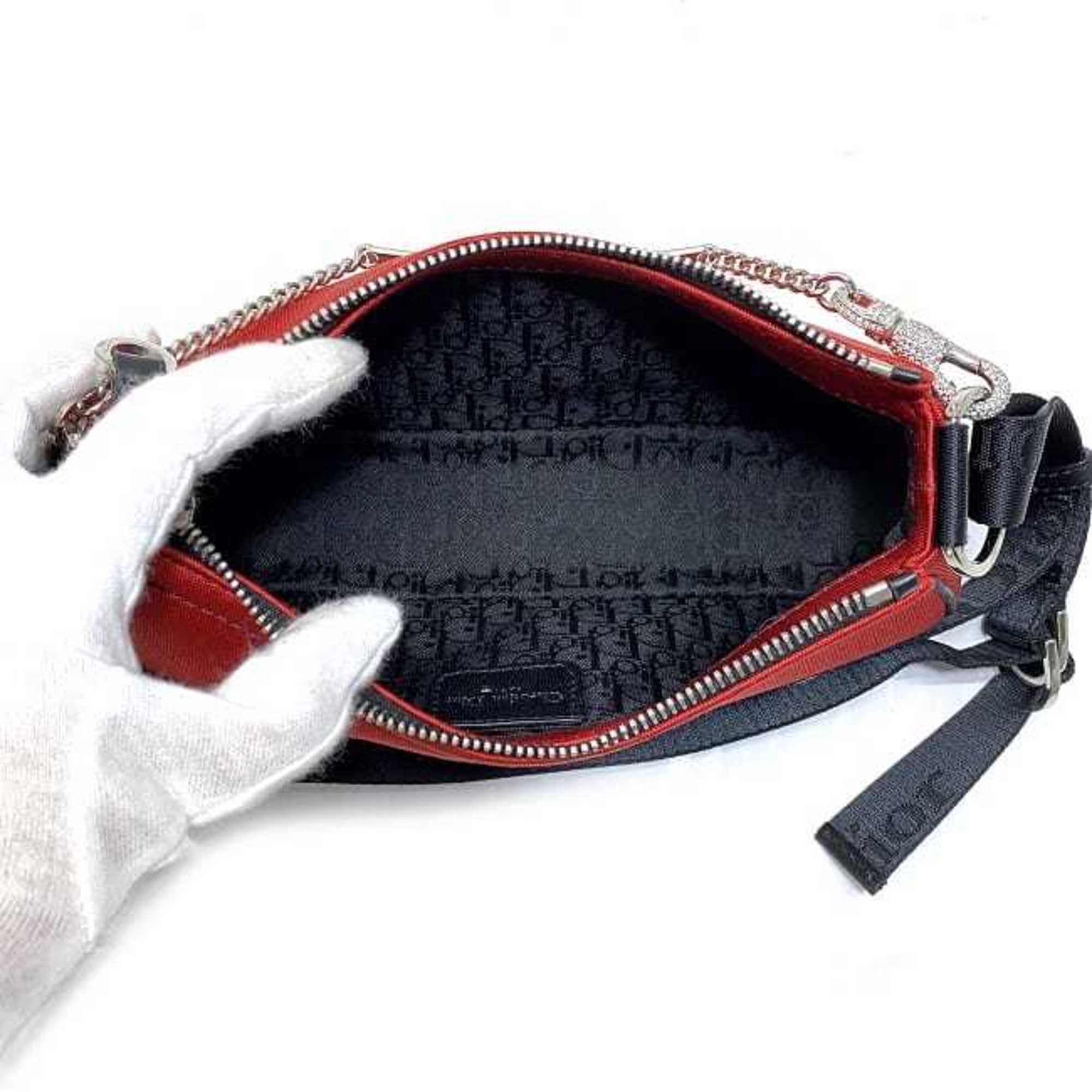 Christian Dior Black Red Color Satin Canvas Leather Shoulder Bag ()