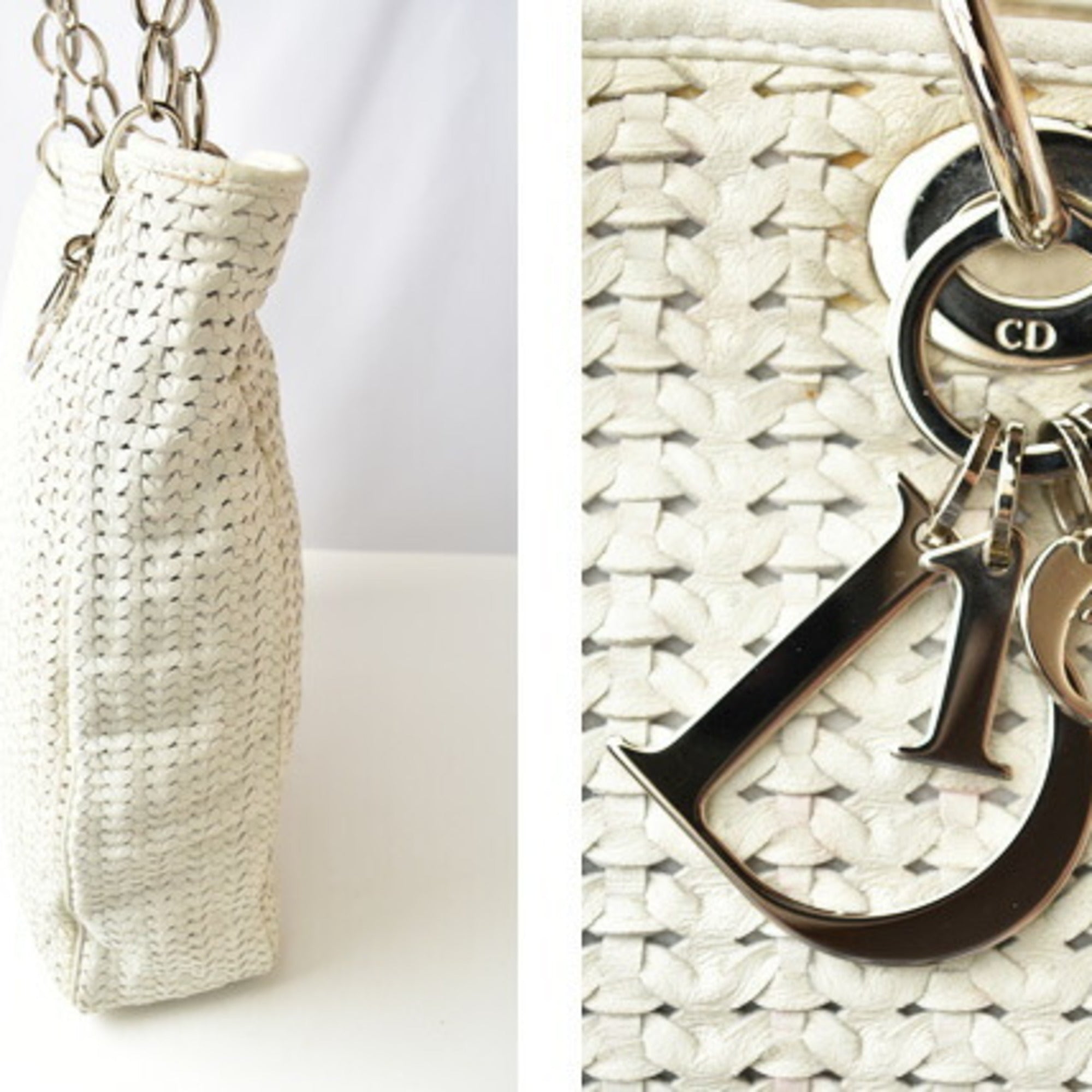 Christian Dior Lady Dior Silver White Leather Tote Bag ()