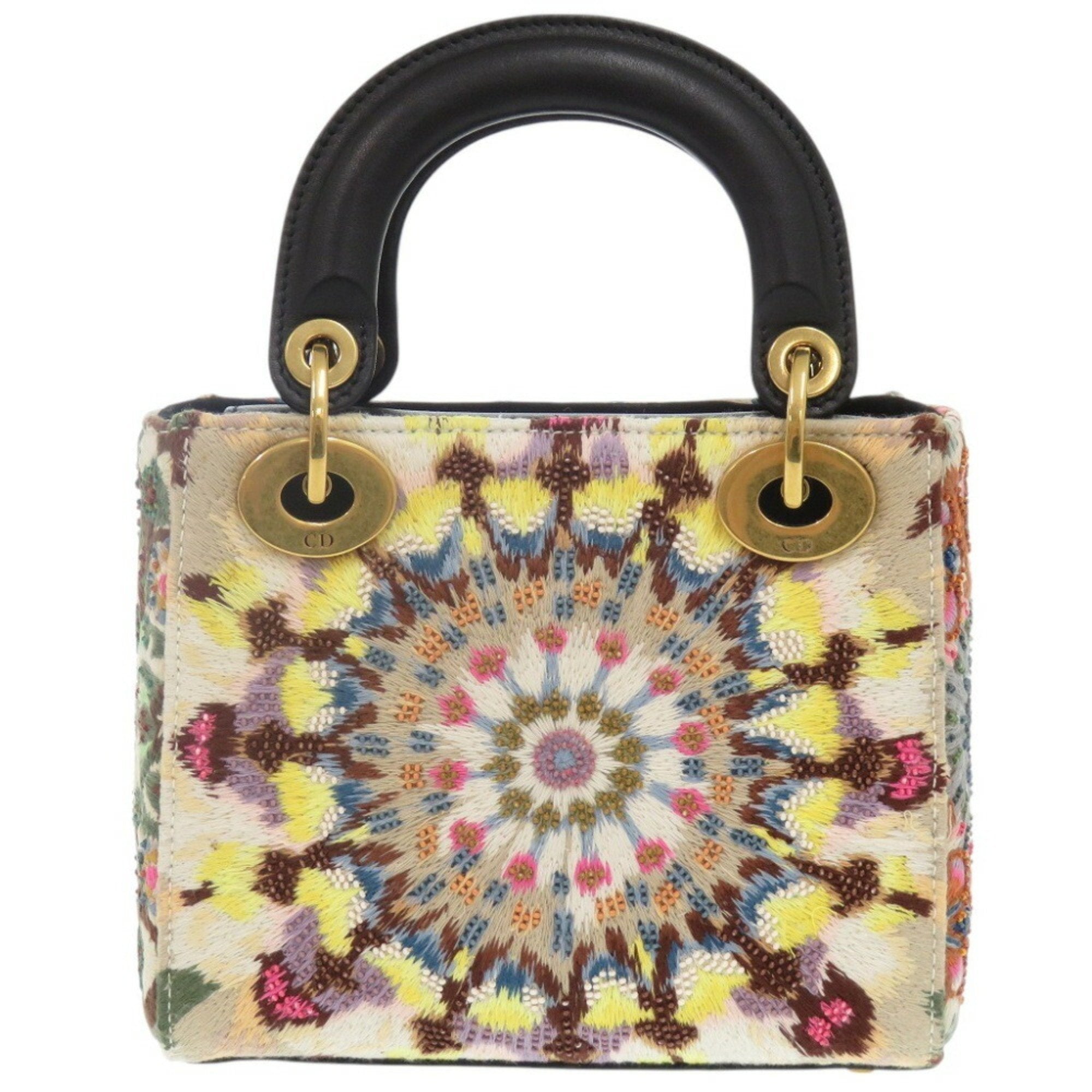 Christian Dior Beige Yellow Wool Leather Beads Handbag ()